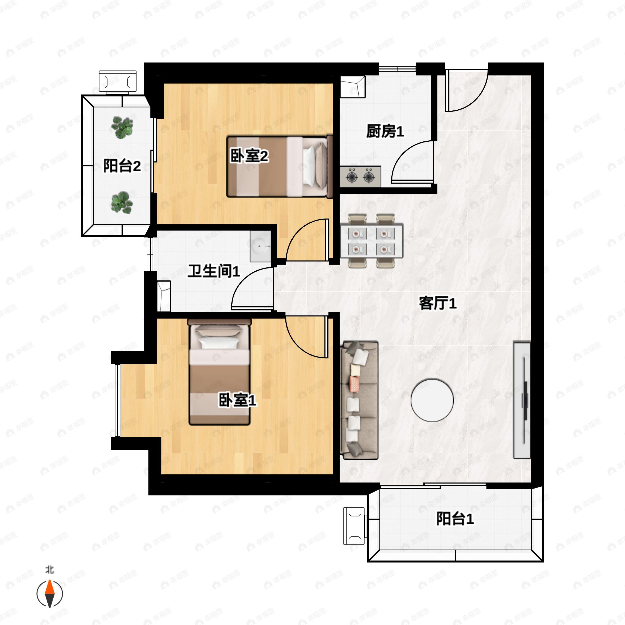 2室2厅1卫建面94m²西南户型图