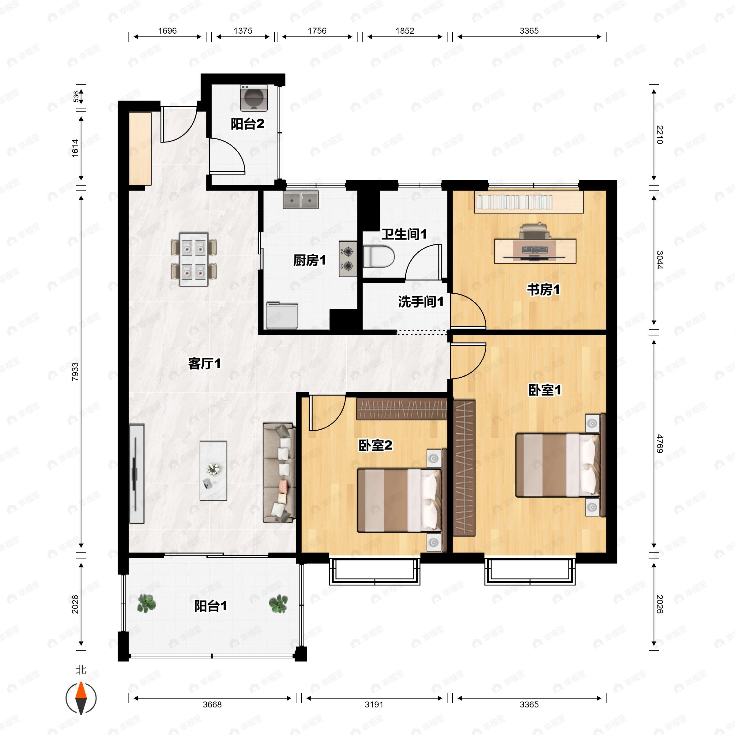 3室2厅1卫建面96m²南户型图