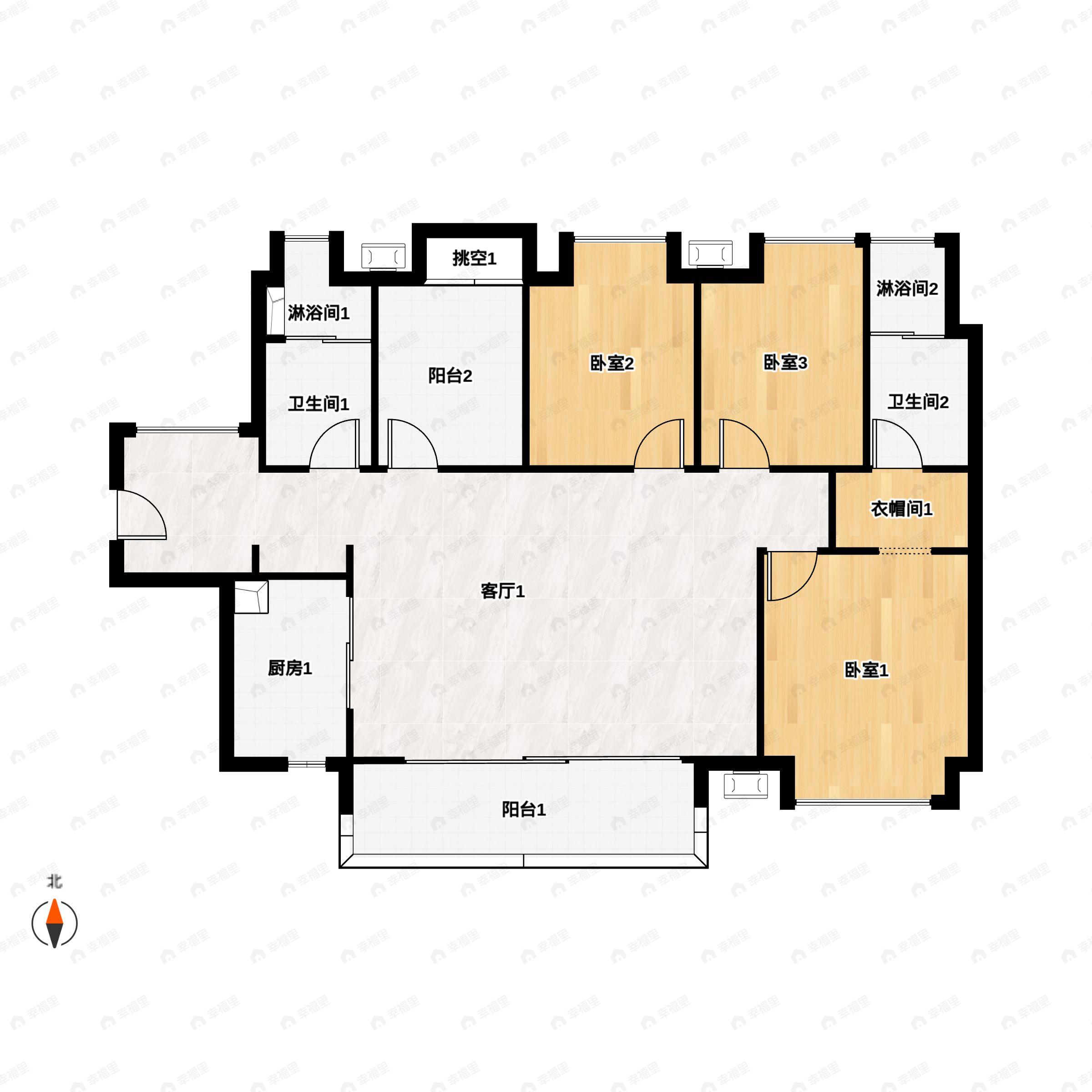 3室2厅2卫建面120平南|北户型图