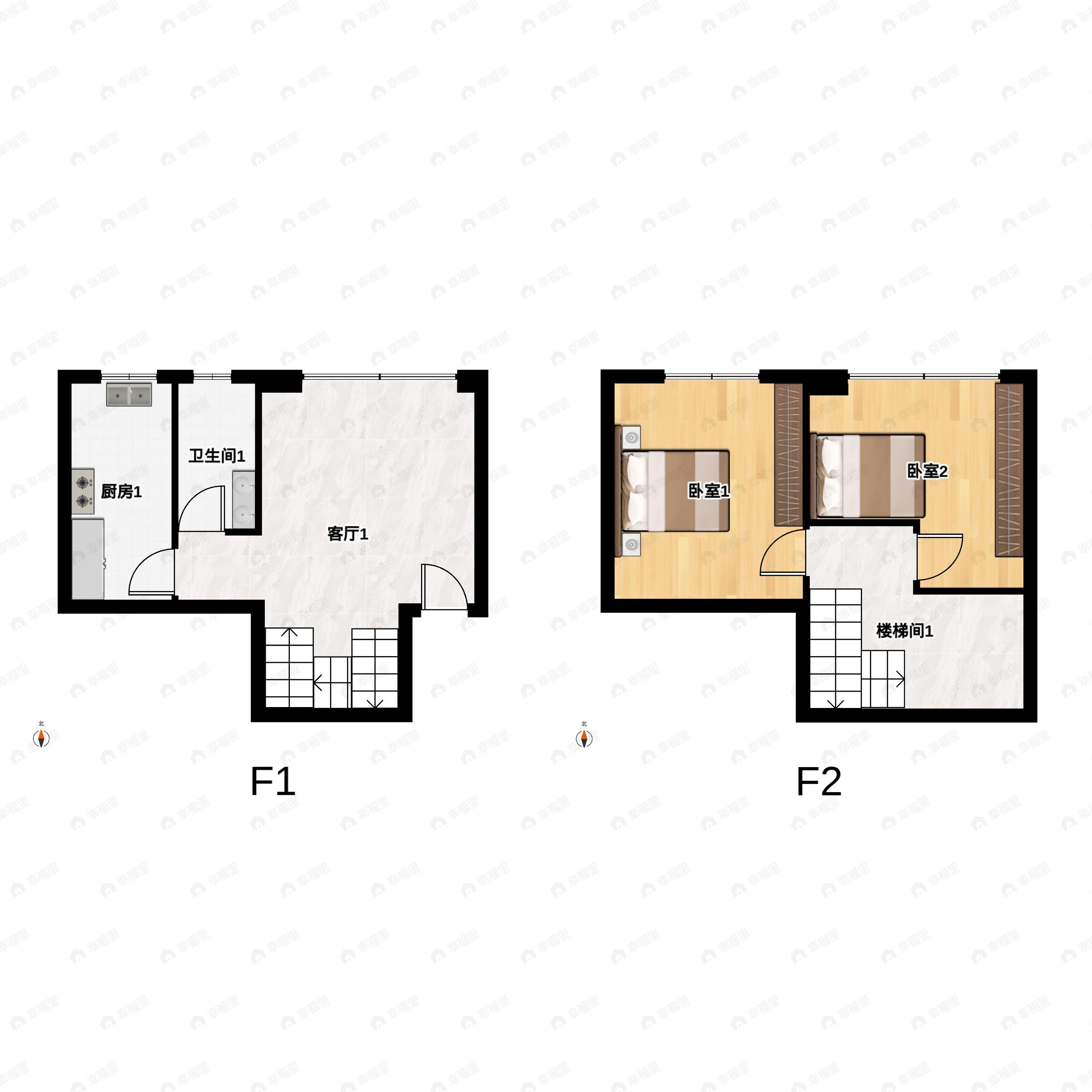 2室1厅1卫建面40m²北户型图