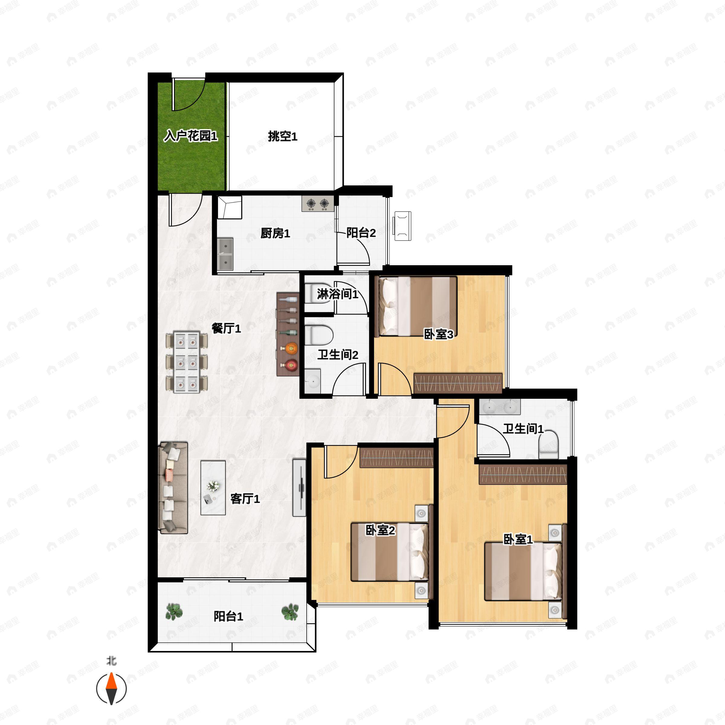 3室2厅2卫建面93m²南户型图