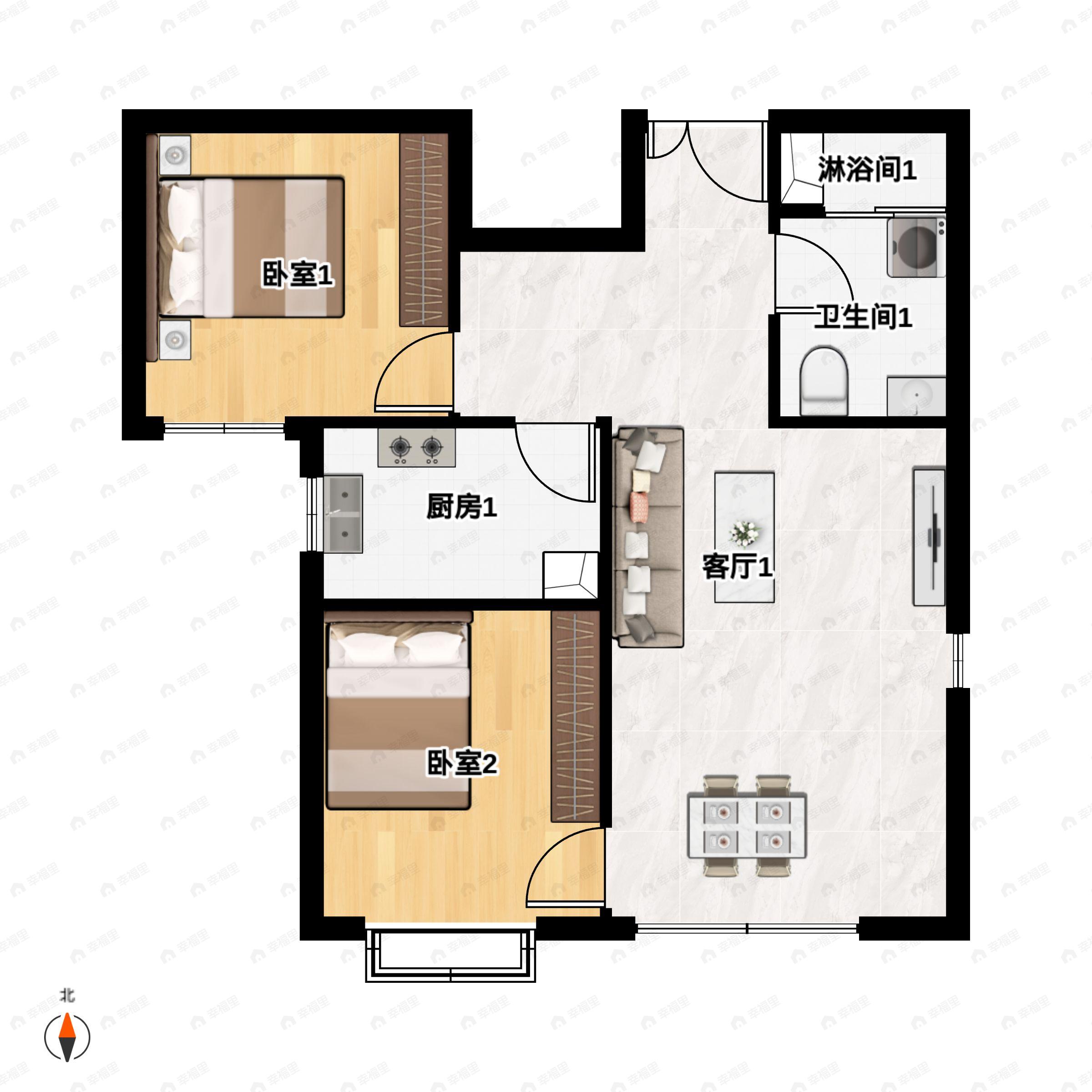 2室2厅1卫建面73m²西南户型图