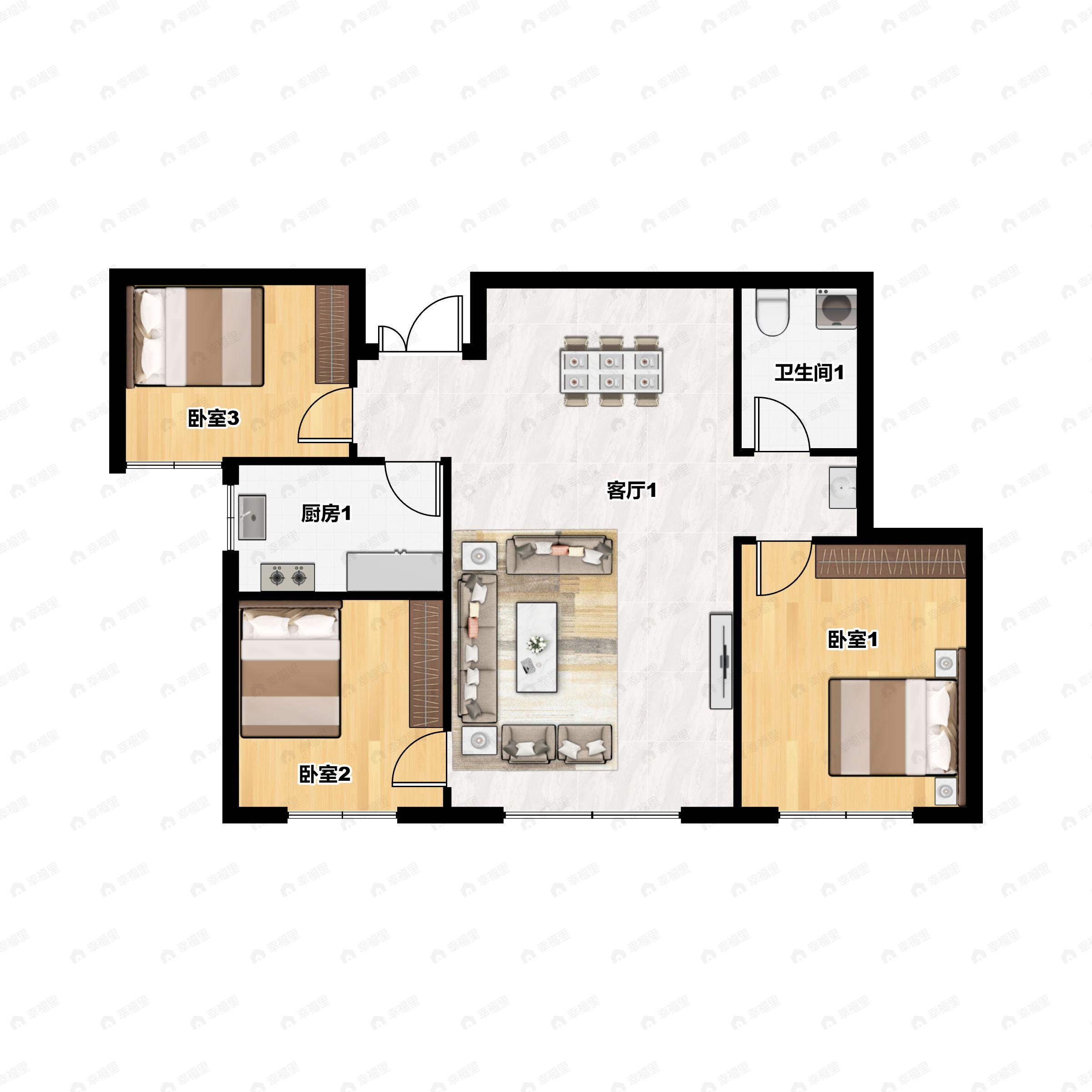 3室2厅2卫建面96平南户型图