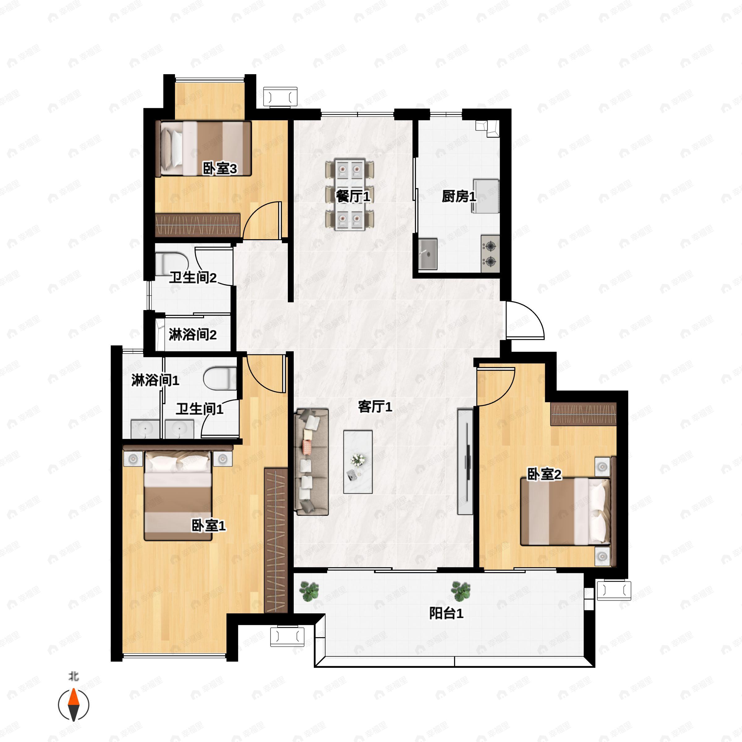 3室2厅2卫建面112m²南户型图