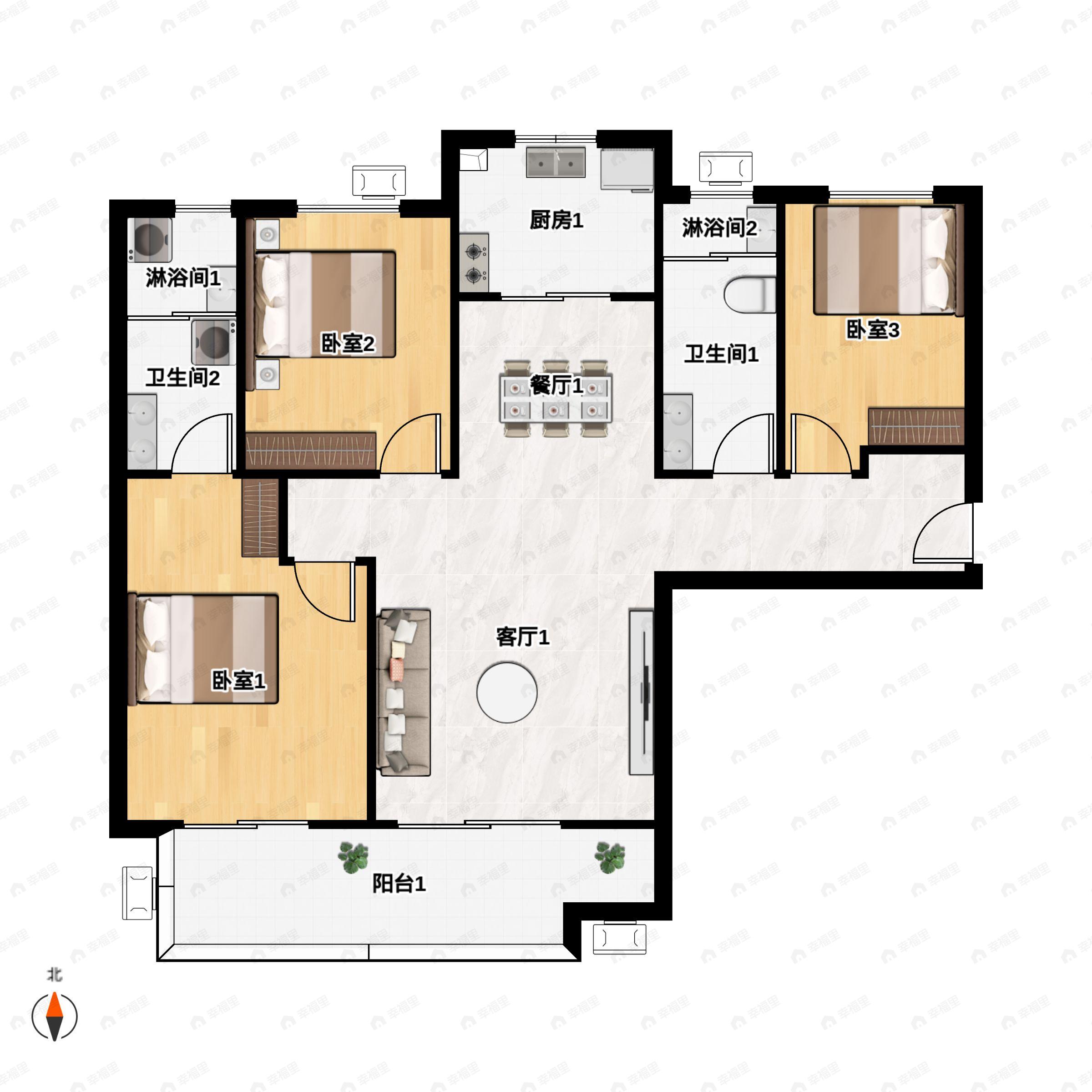 3室2厅2卫建面126平户型图