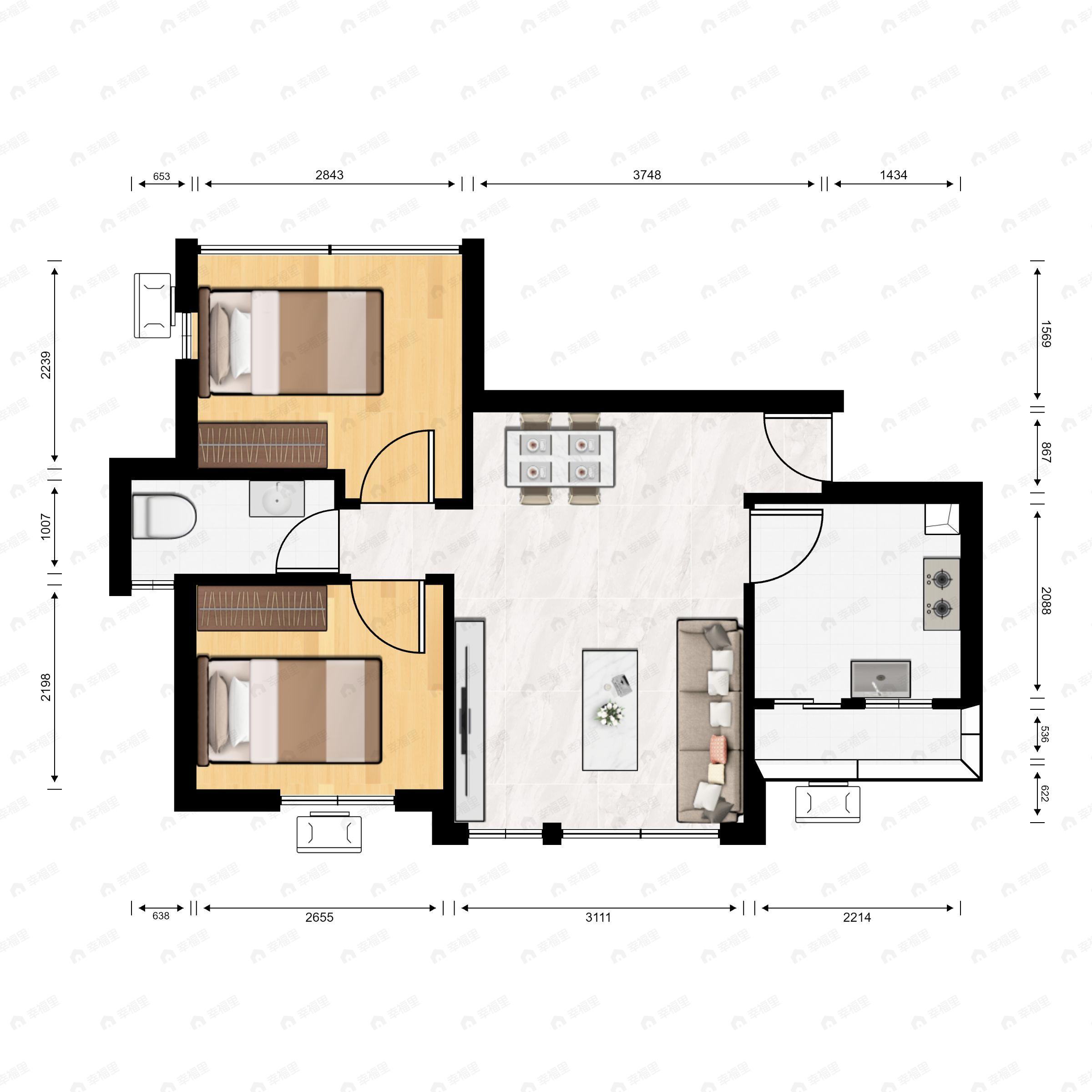 2室2厅1卫建面76平南户型图