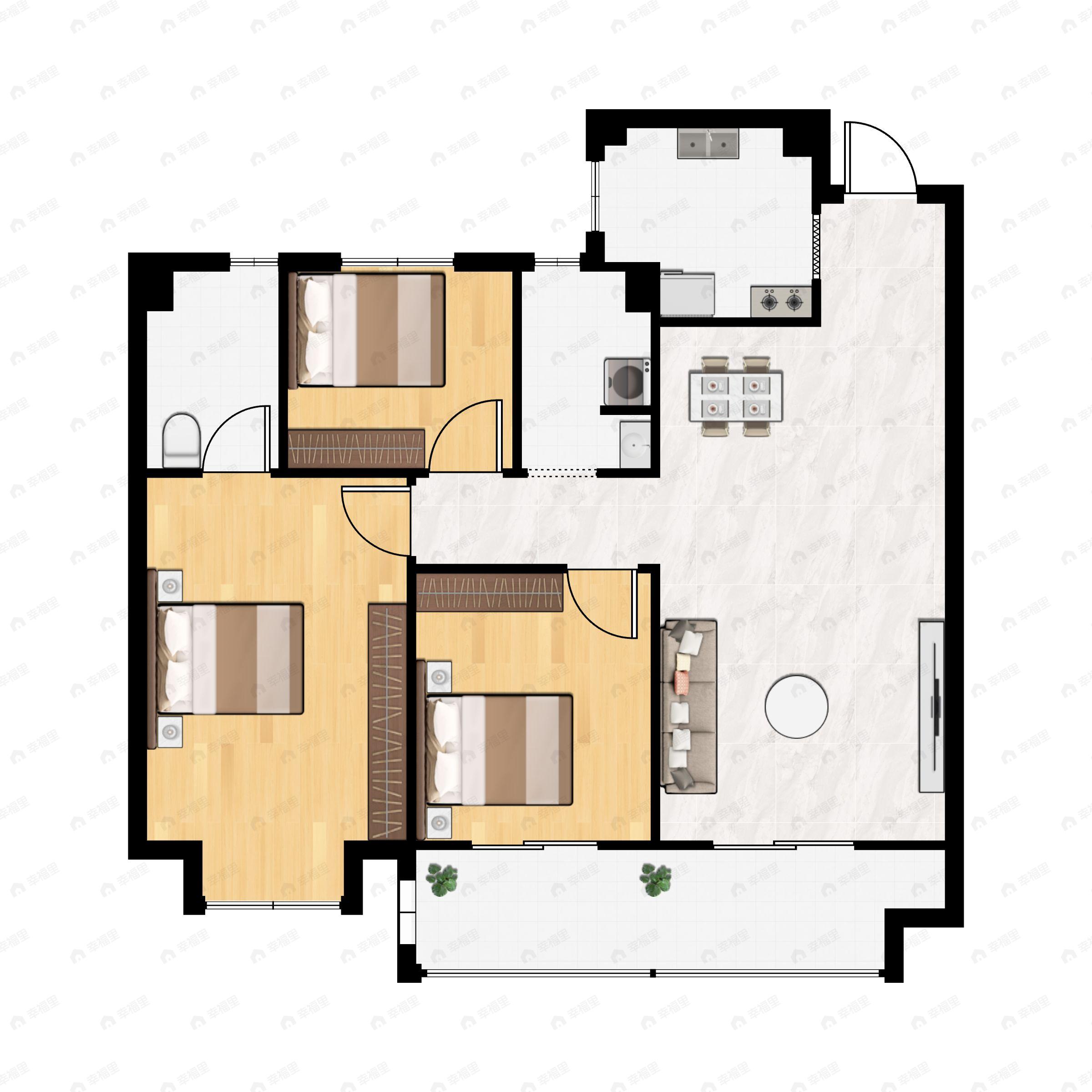 3室2厅2卫建面106m²南户型图