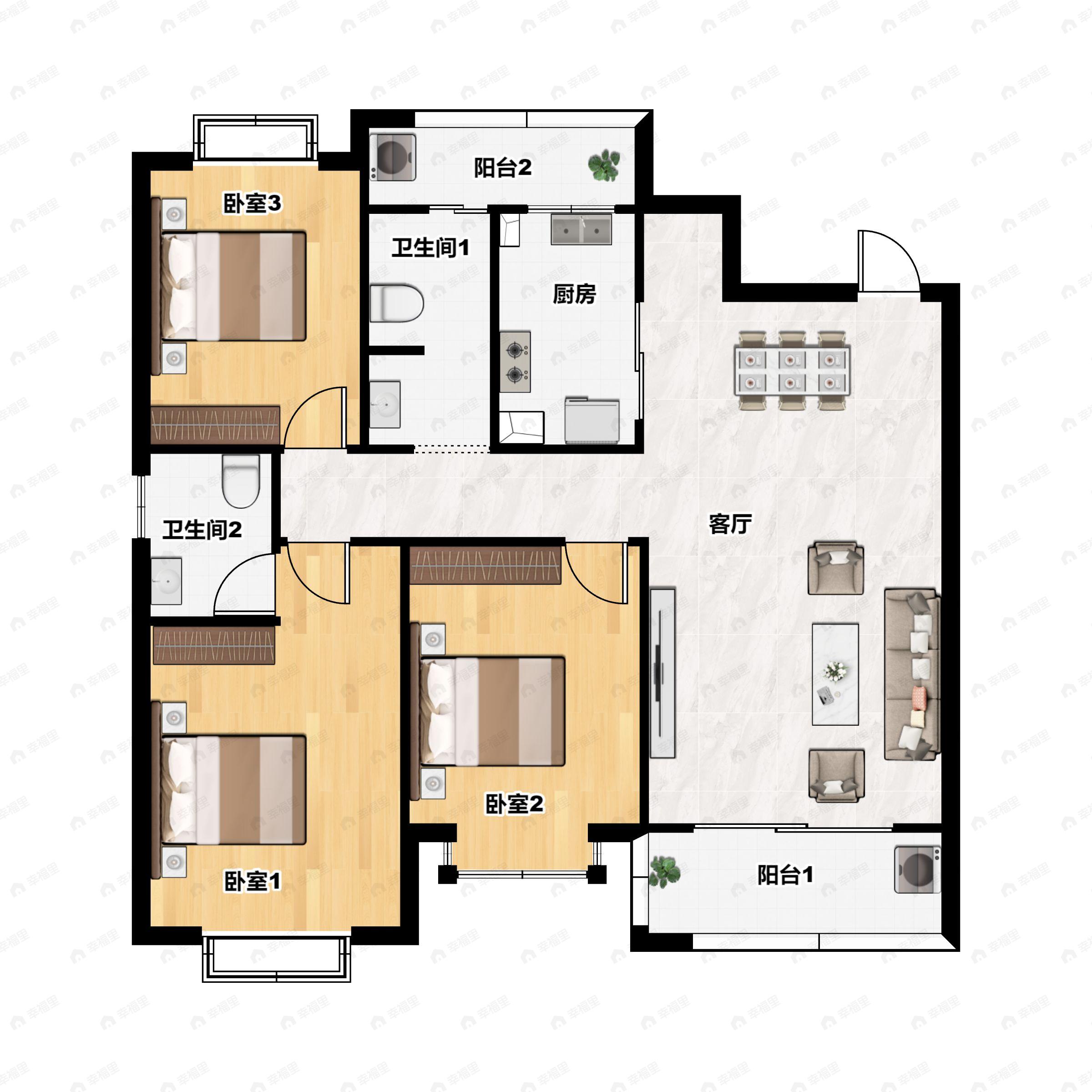 3室2厅2卫建面133m²南户型图