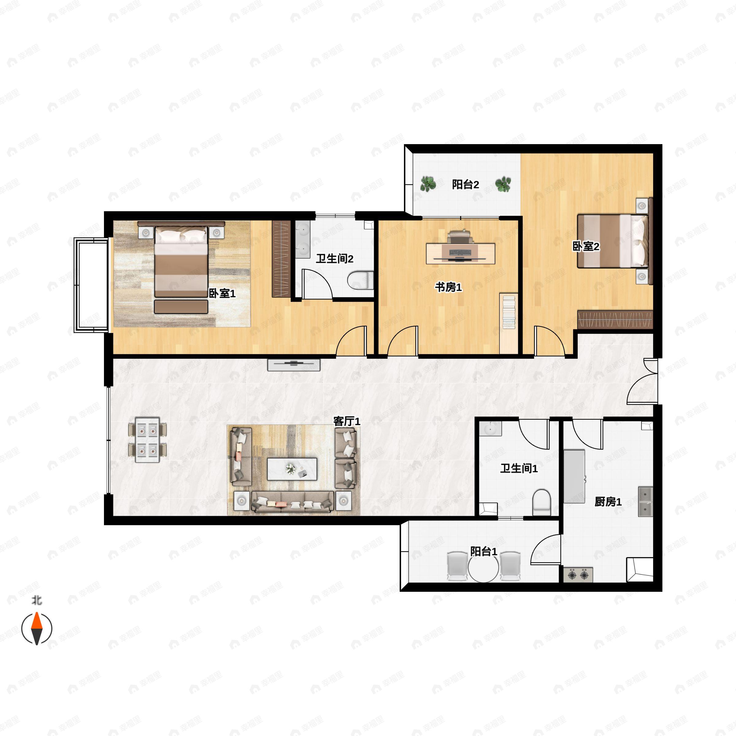 3室2厅2卫建面124m²南户型图