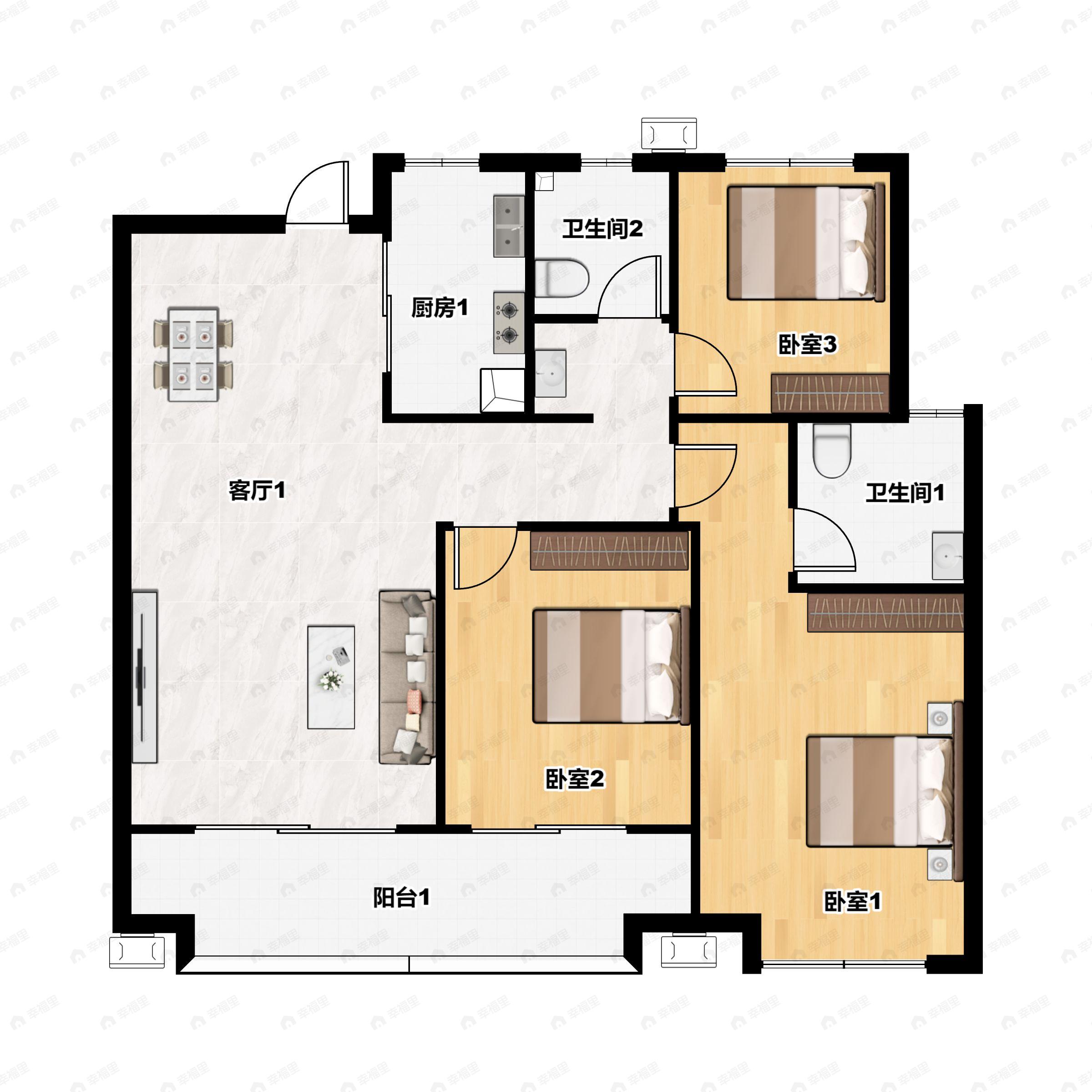 3室2厅2卫建面115m²南户型图