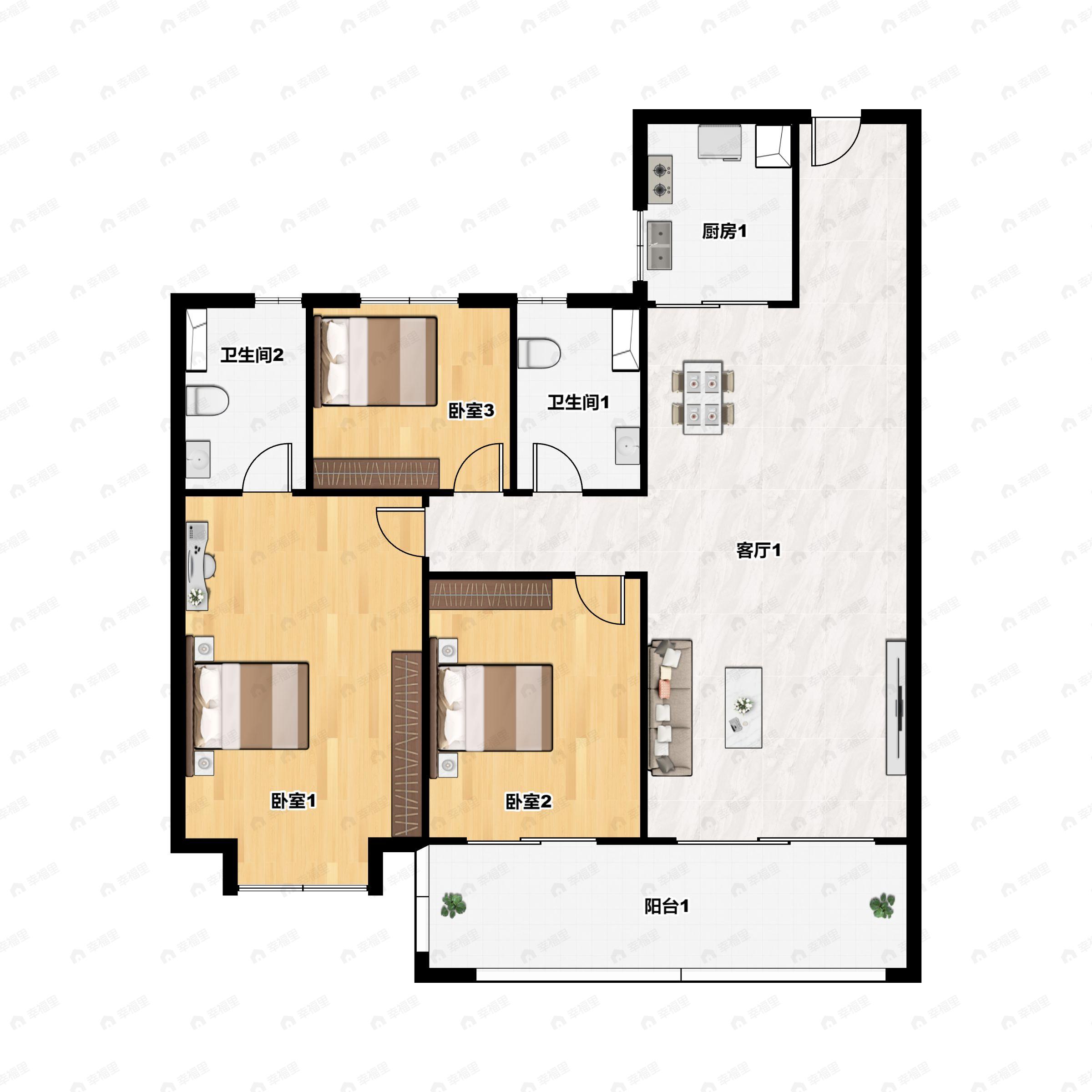 3室2厅2卫建面117平南户型图