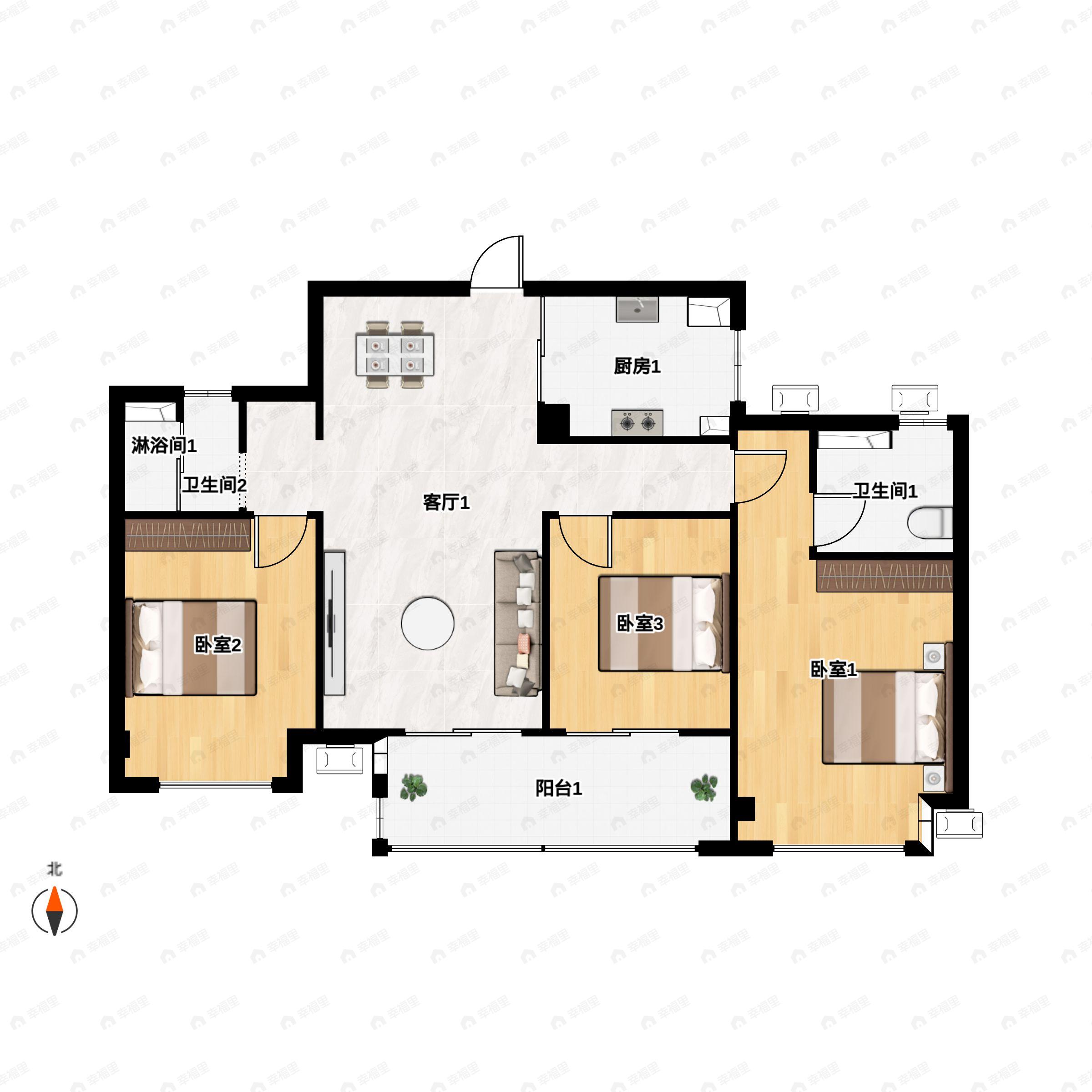 3室2厅2卫建面107平户型图
