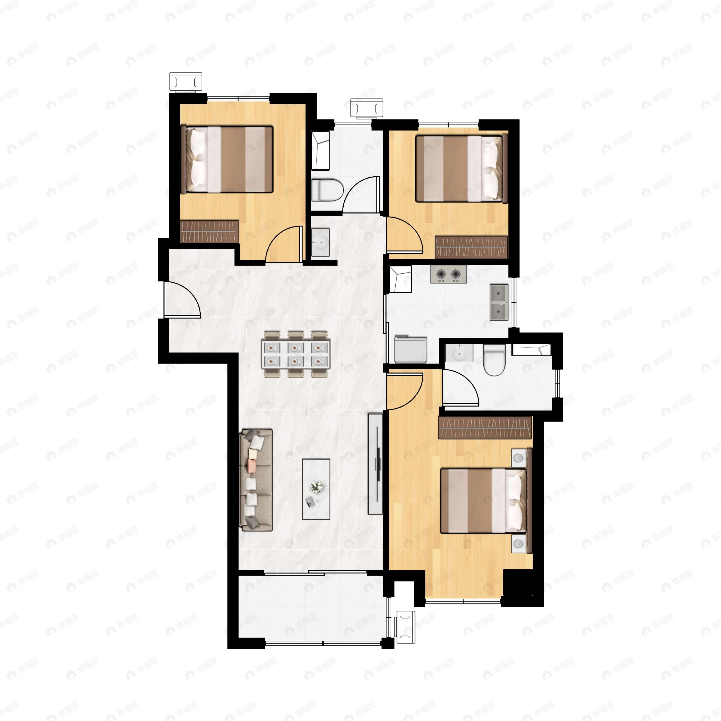 3室2厅1卫建面98m²北|南户型图