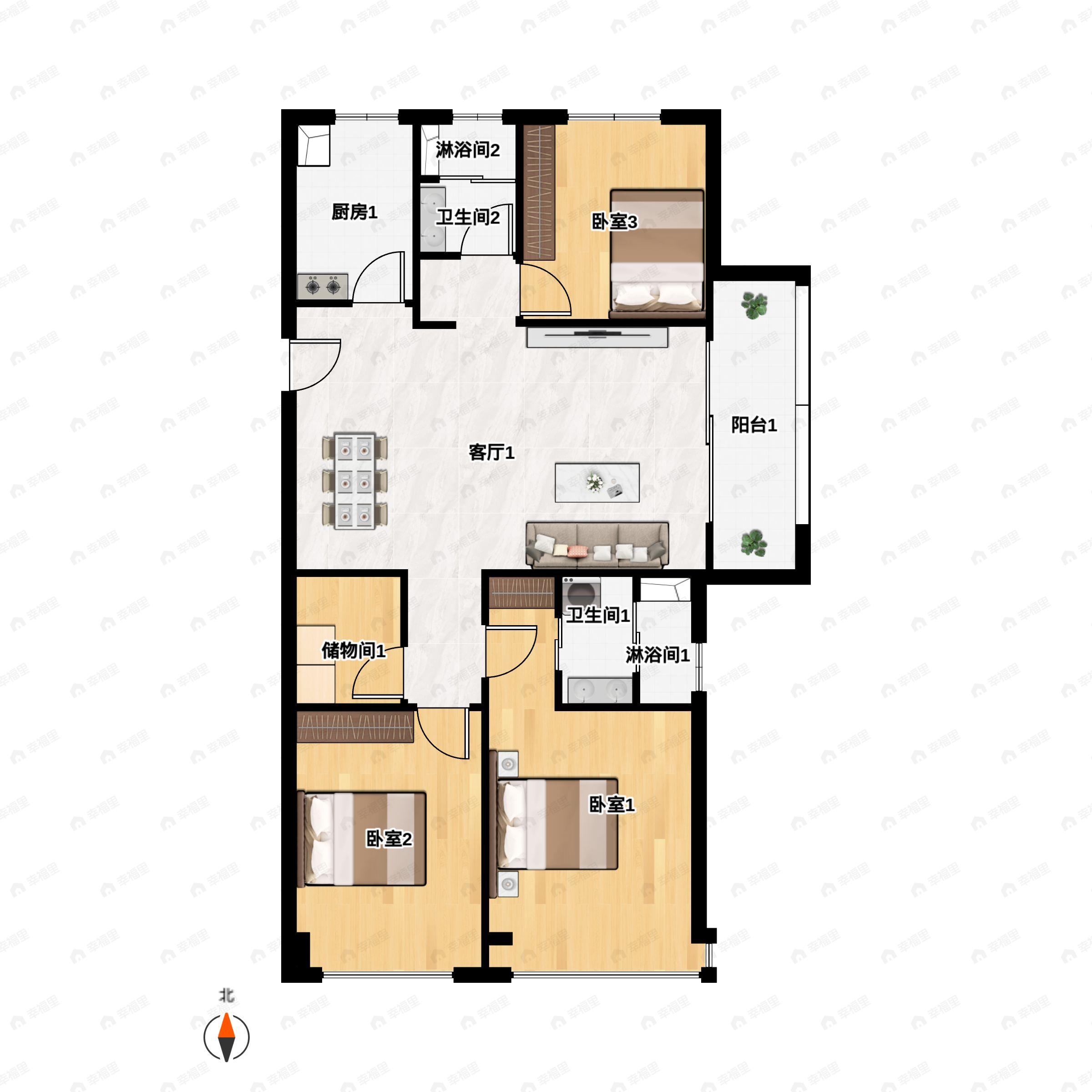 3室2厅2卫建面116m²南户型图