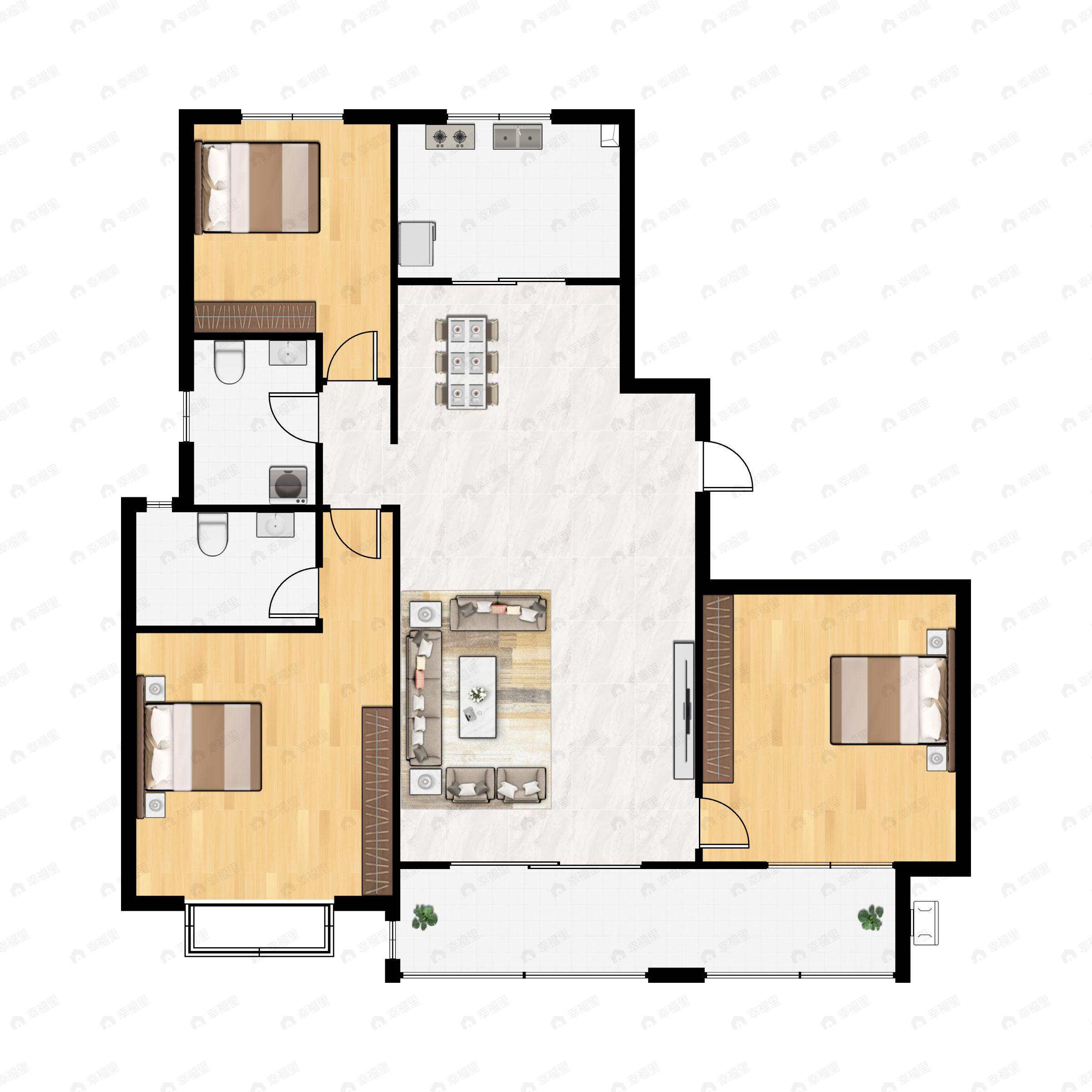 3室2厅2卫建面135m²南户型图