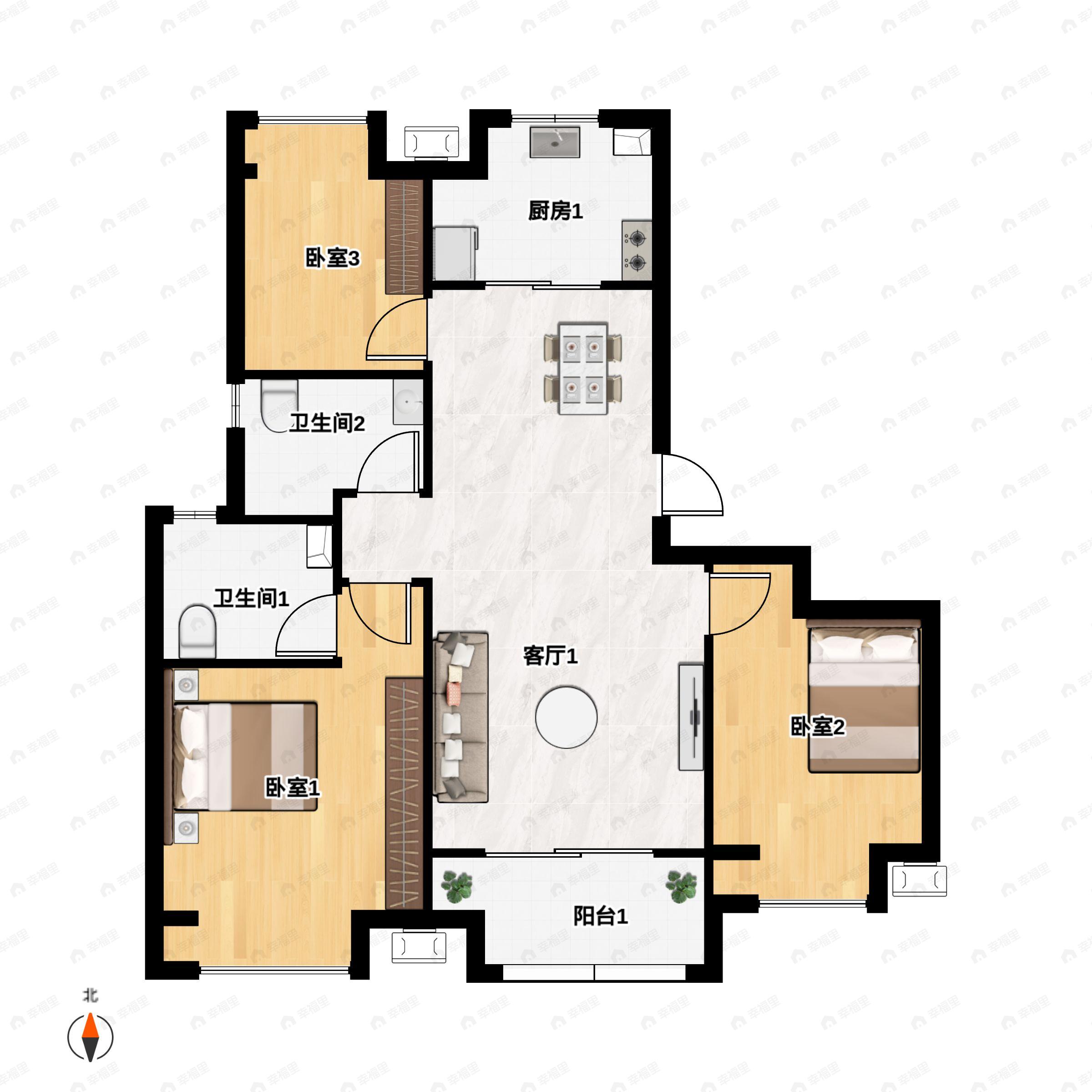 3室2厅2卫建面107平户型图