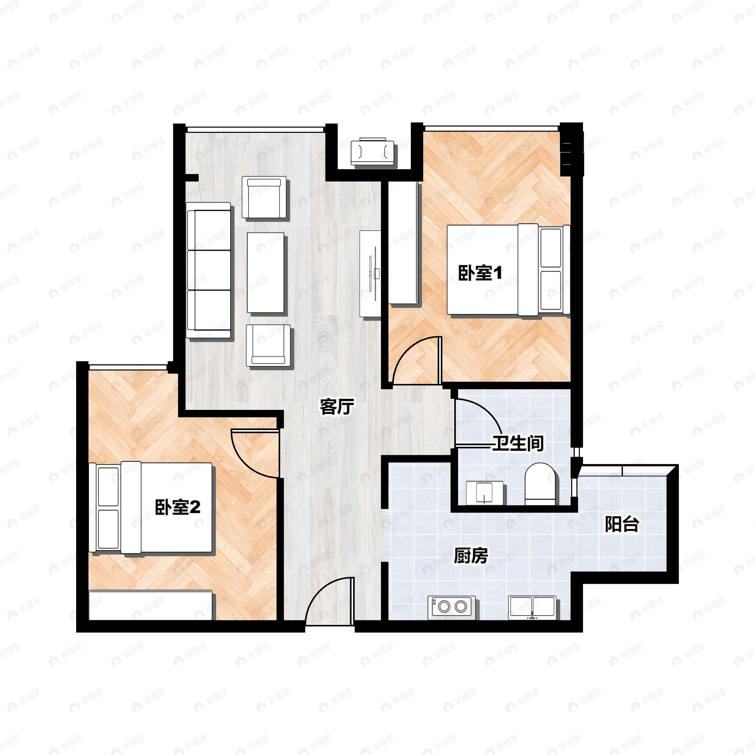 2室1厅1卫建面55平北户型图