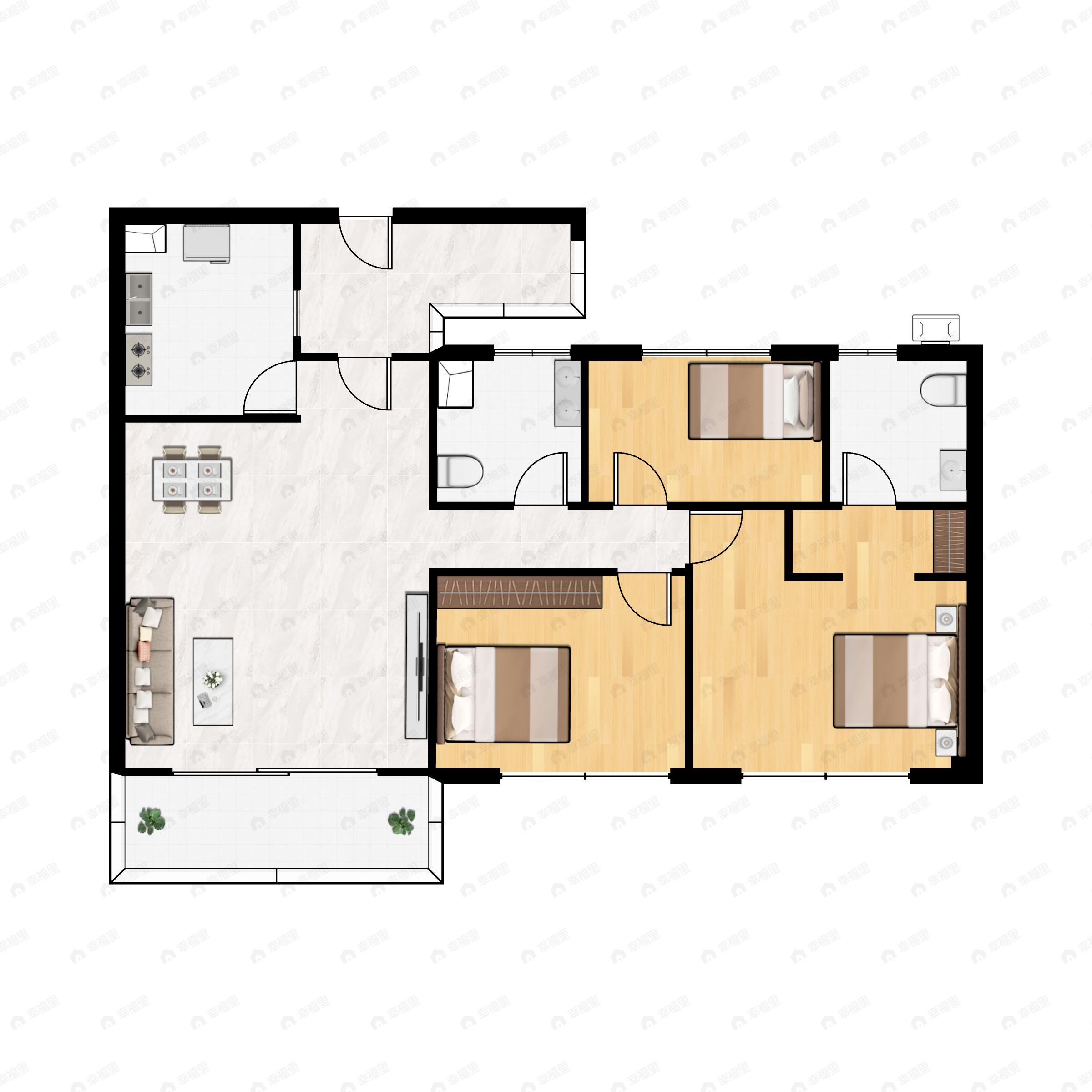 3室2厅2卫建面106m²南户型图