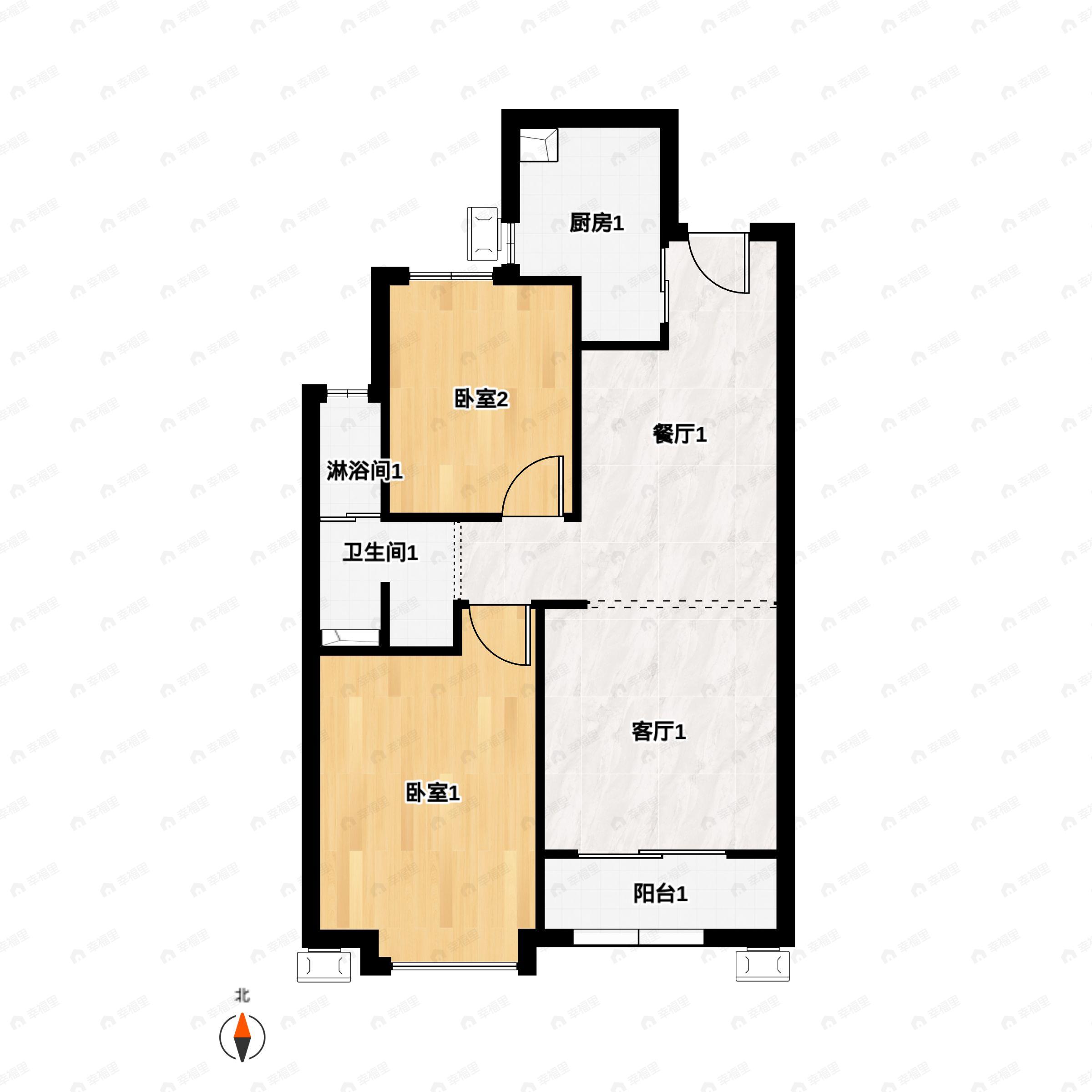 2室2厅1卫建面84m²南|北户型图