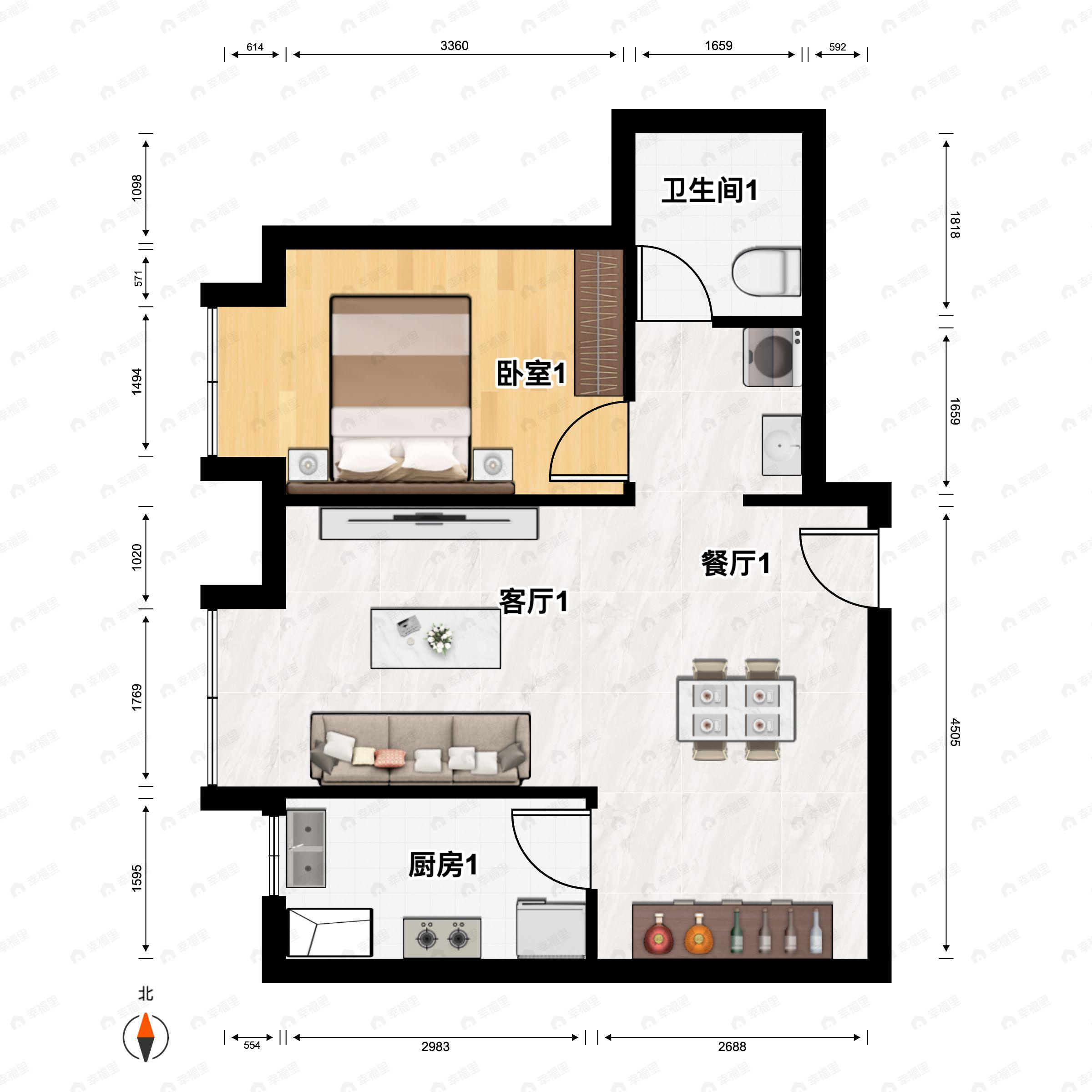 1室2厅1卫建面59平南|北户型图