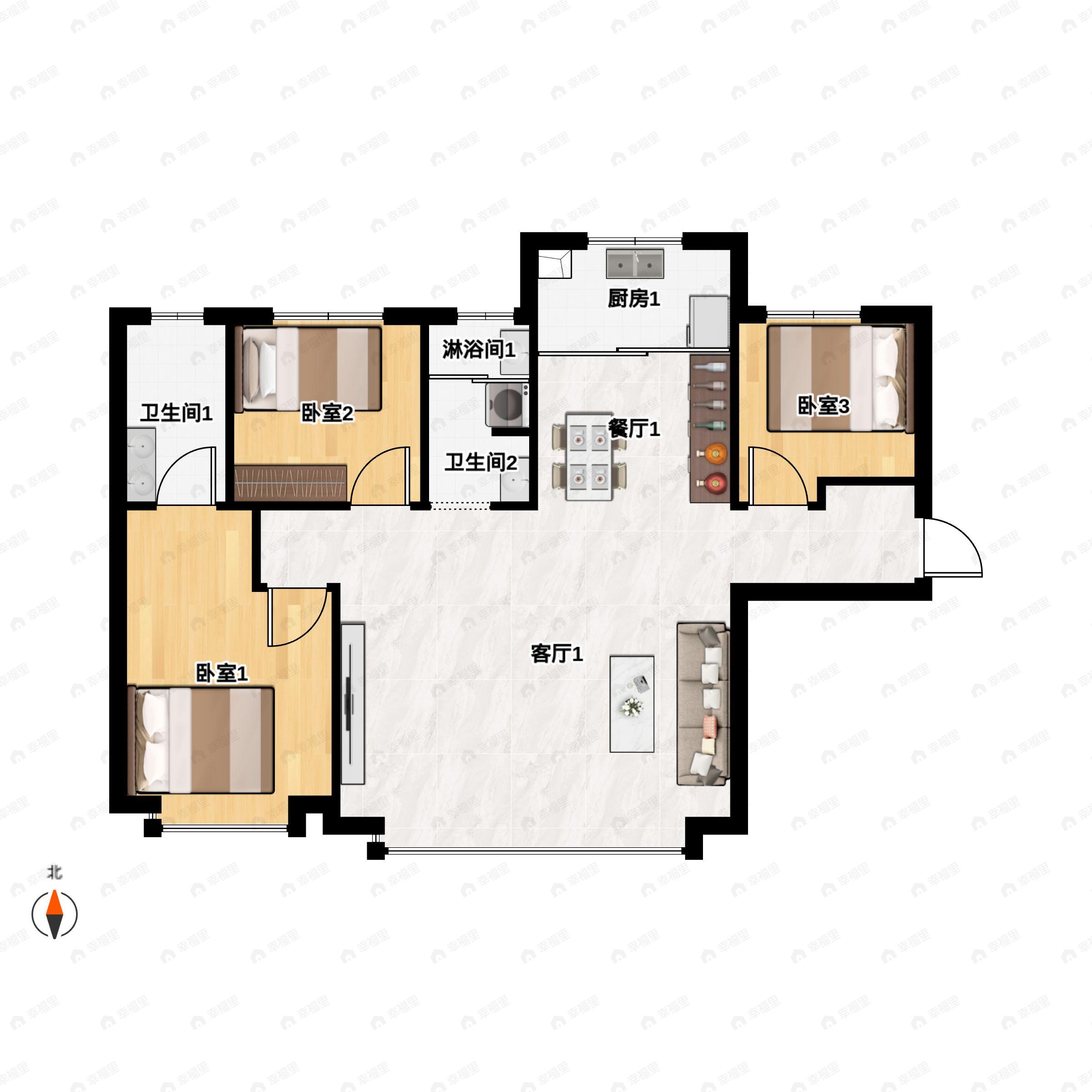 3室3厅2卫建面127平户型图