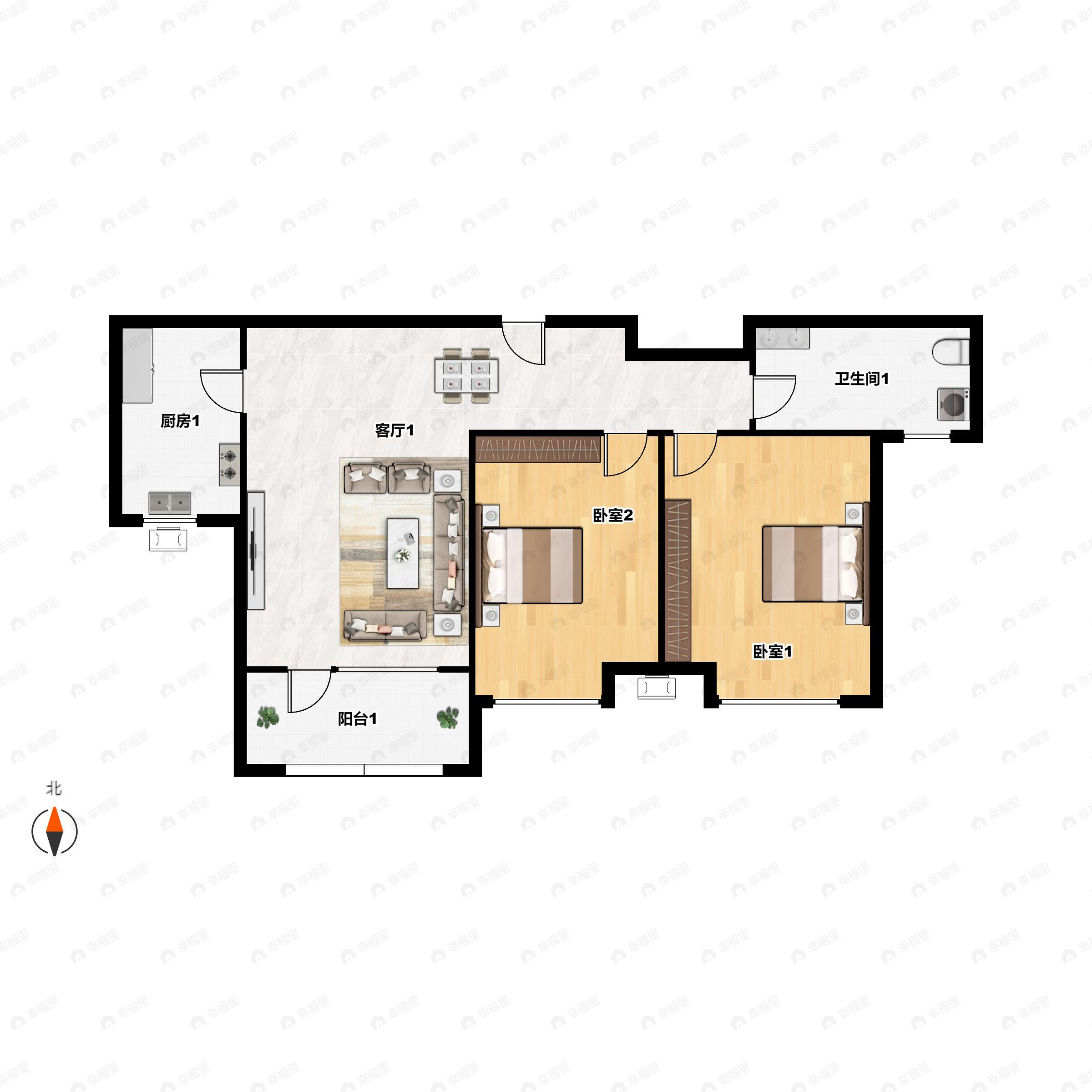 2室2厅1卫建面81m²南户型图