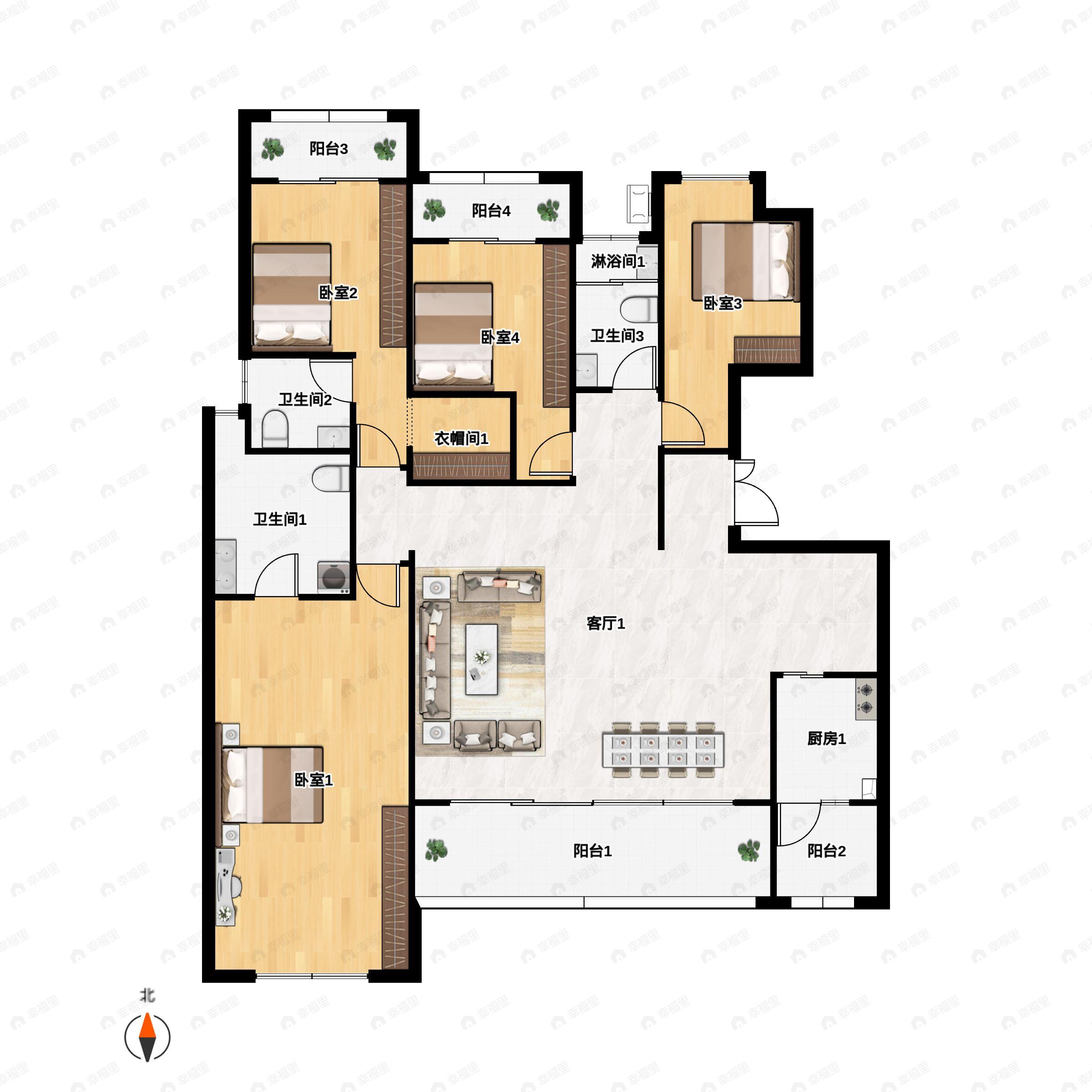 4室2厅3卫建面209平户型图