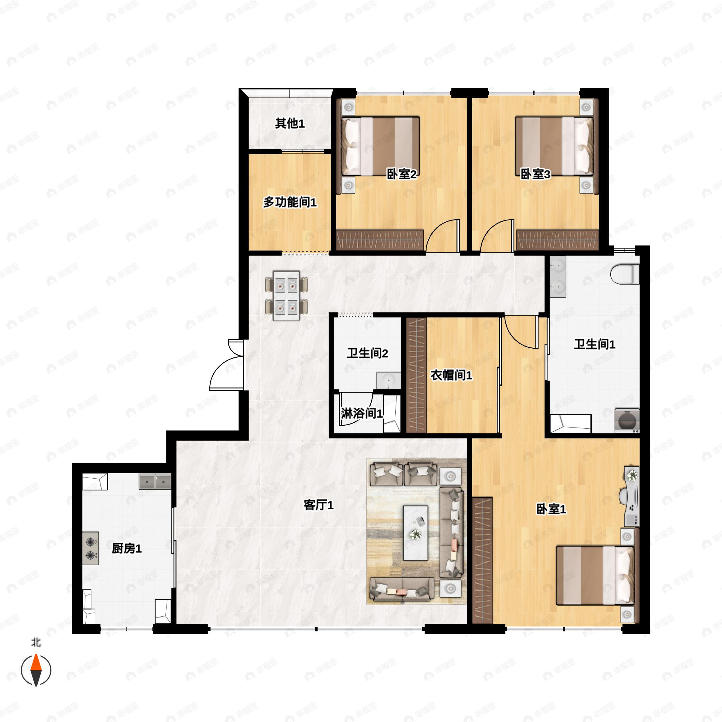 3室2厅2卫建面148m²南户型图