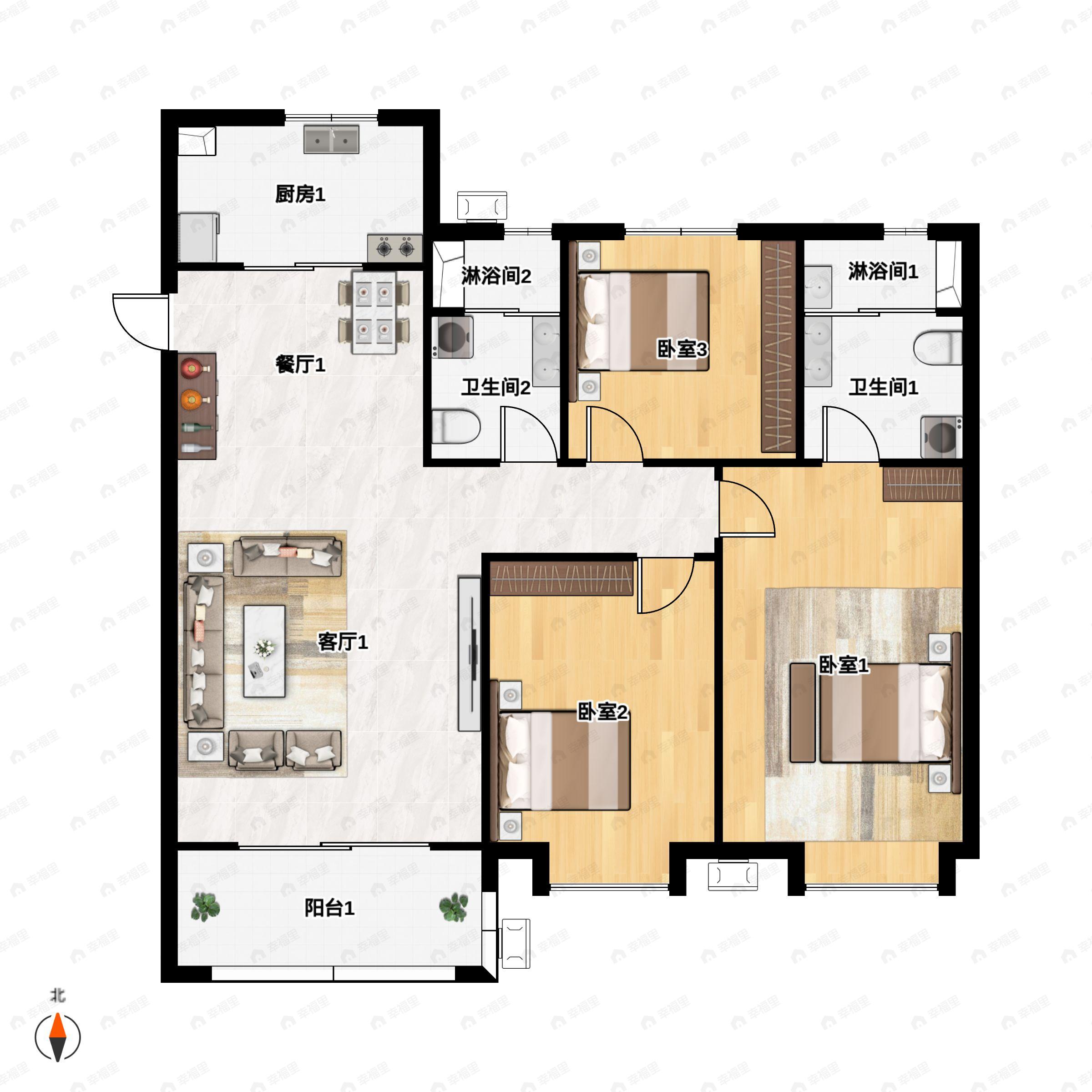 3室2厅2卫建面126平北户型图