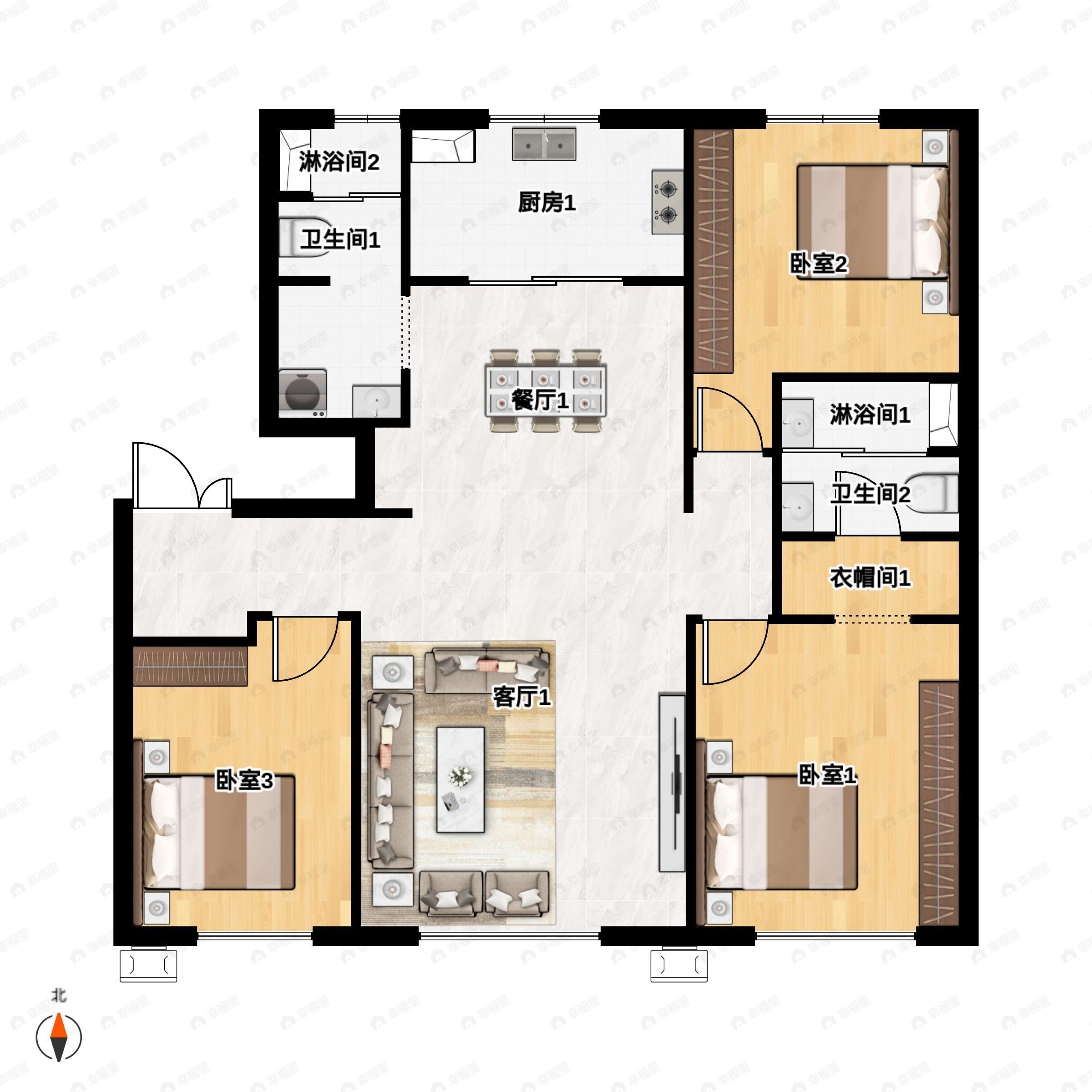 3室2厅2卫建面125平户型图