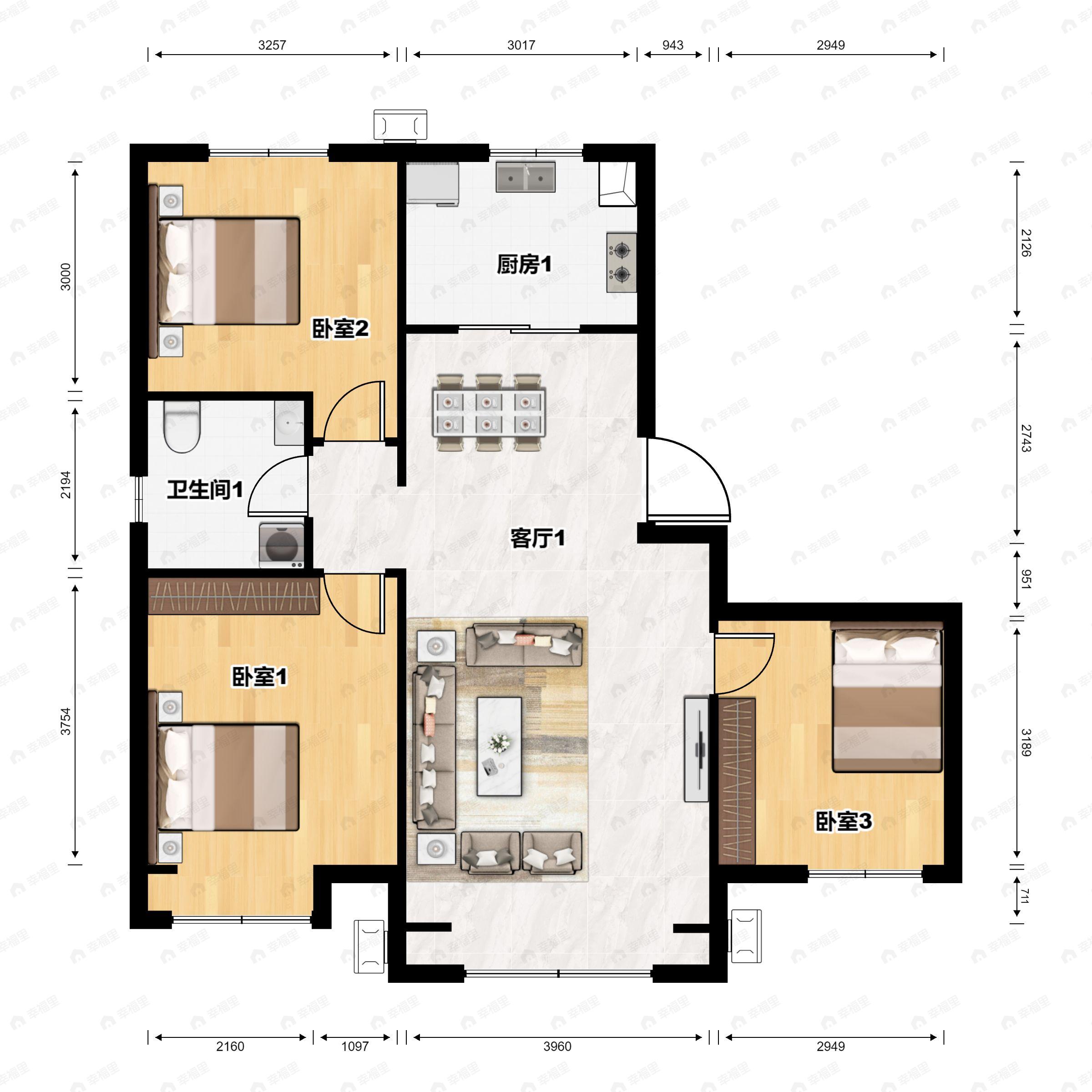 3室2厅1卫建面102平南户型图