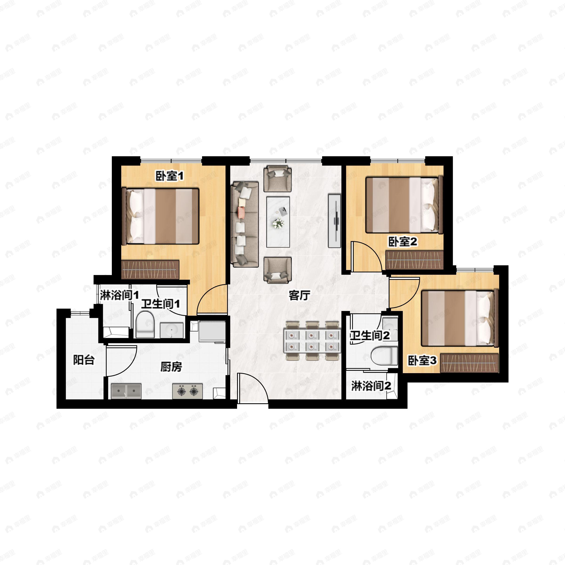 3室2厅2卫建面102平户型图