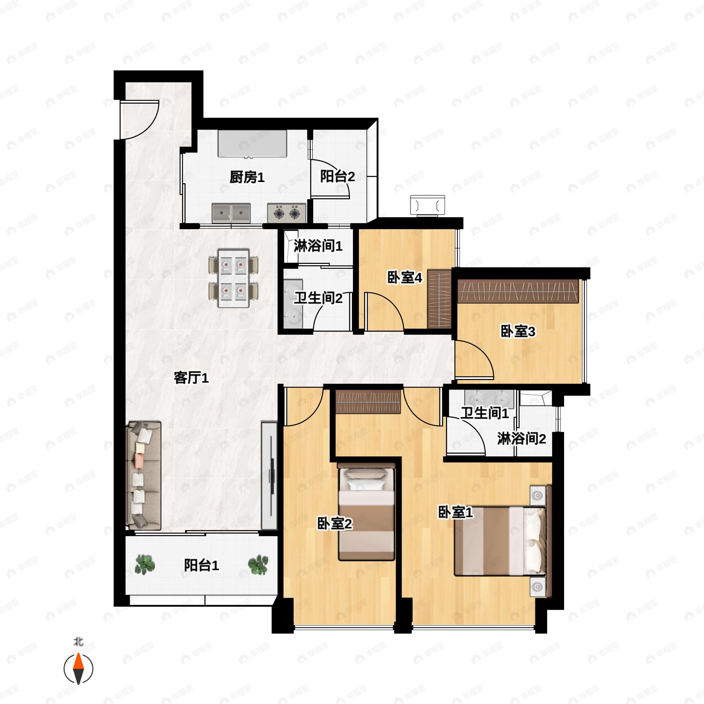4室2厅2卫建面118m²南户型图