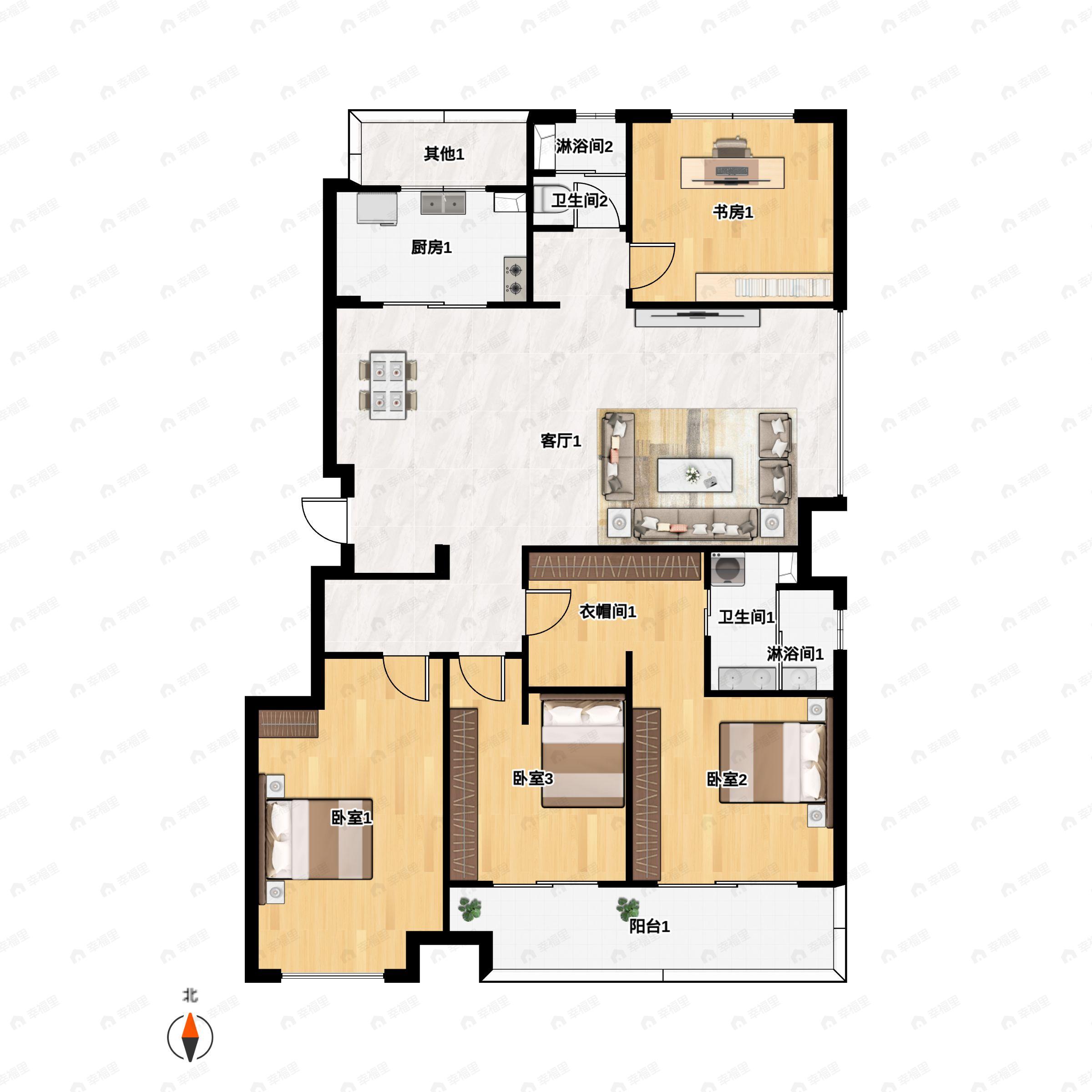 4室2厅2卫建面136平南户型图