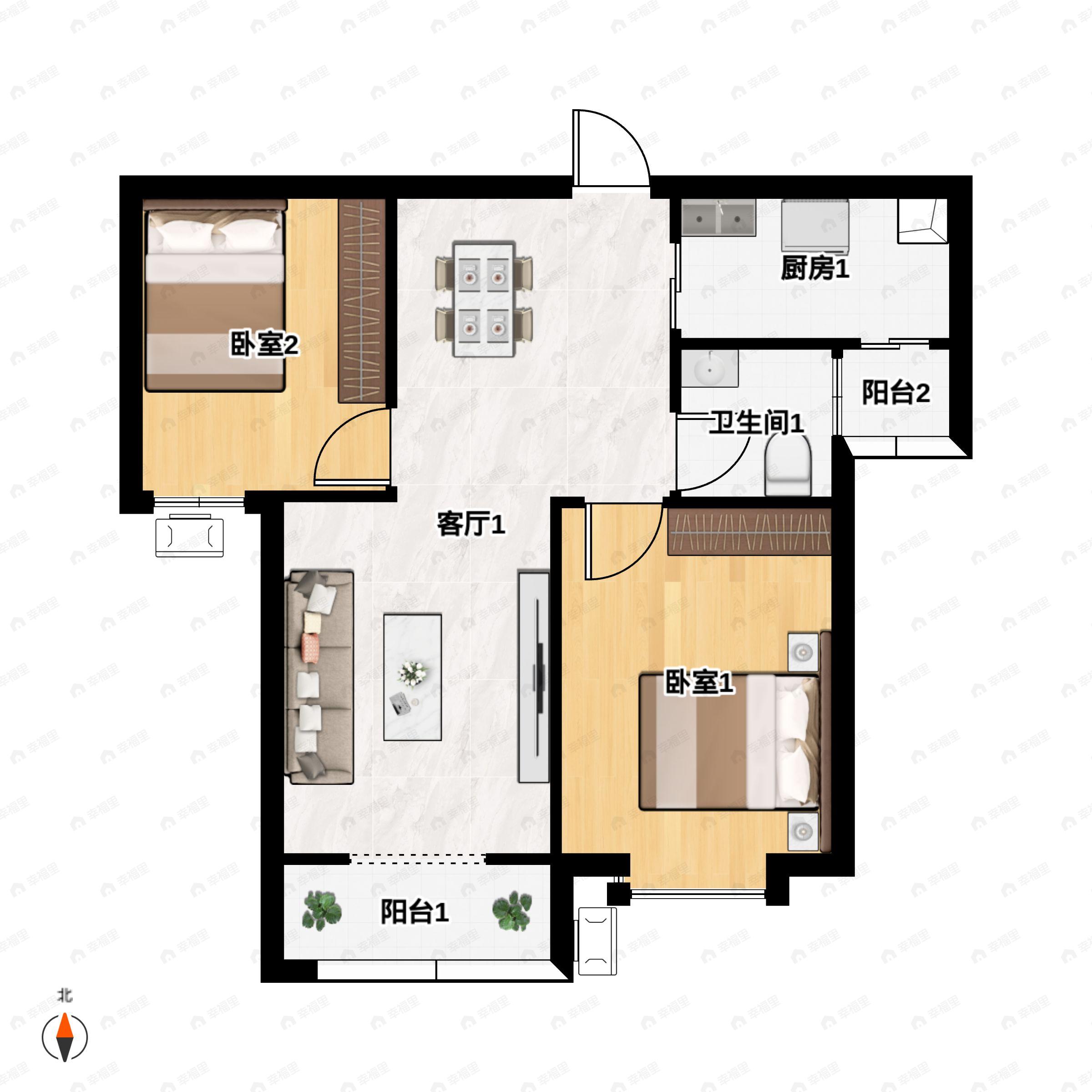 2室2厅1卫建面92m²北|南户型图