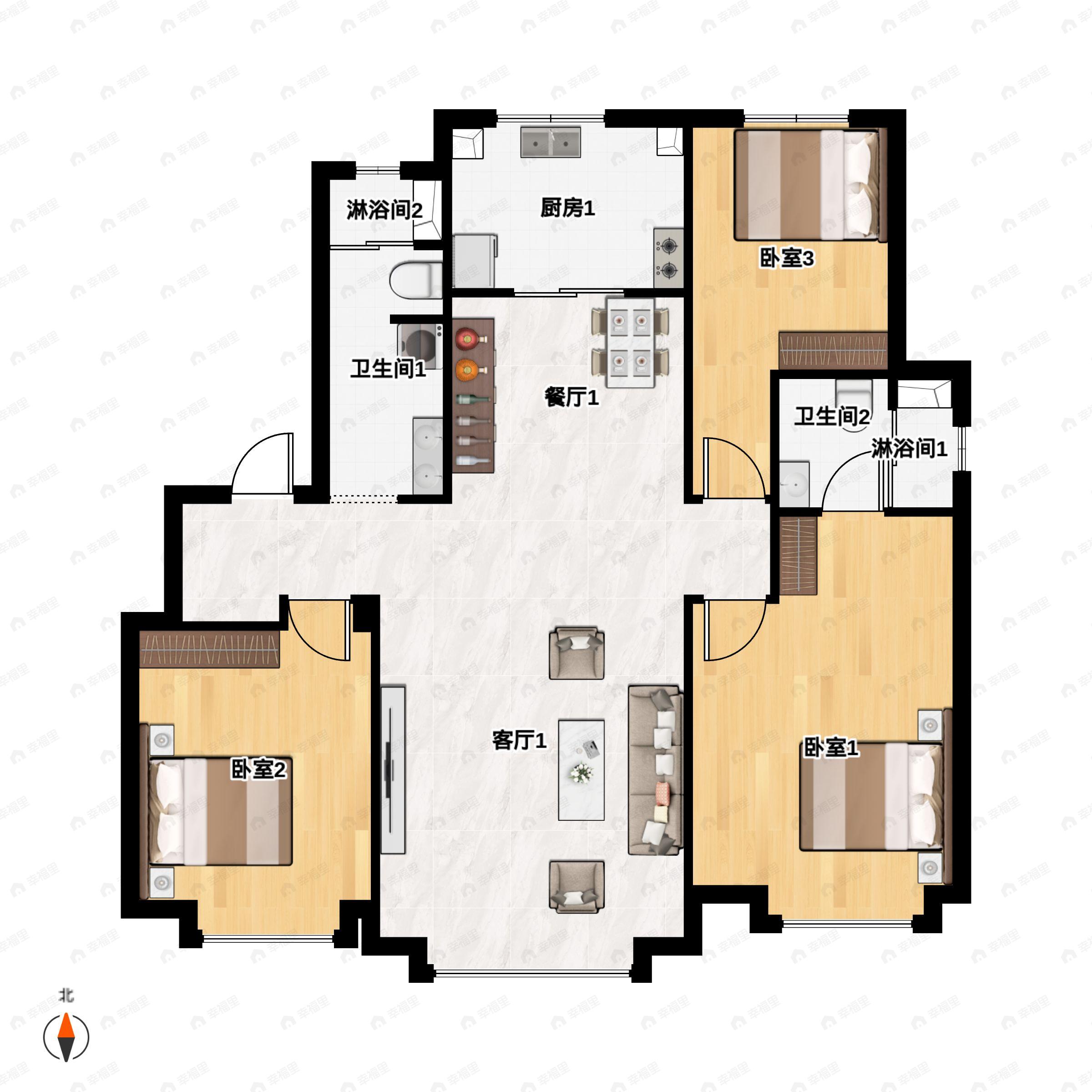 3室2厅2卫建面127m²南户型图