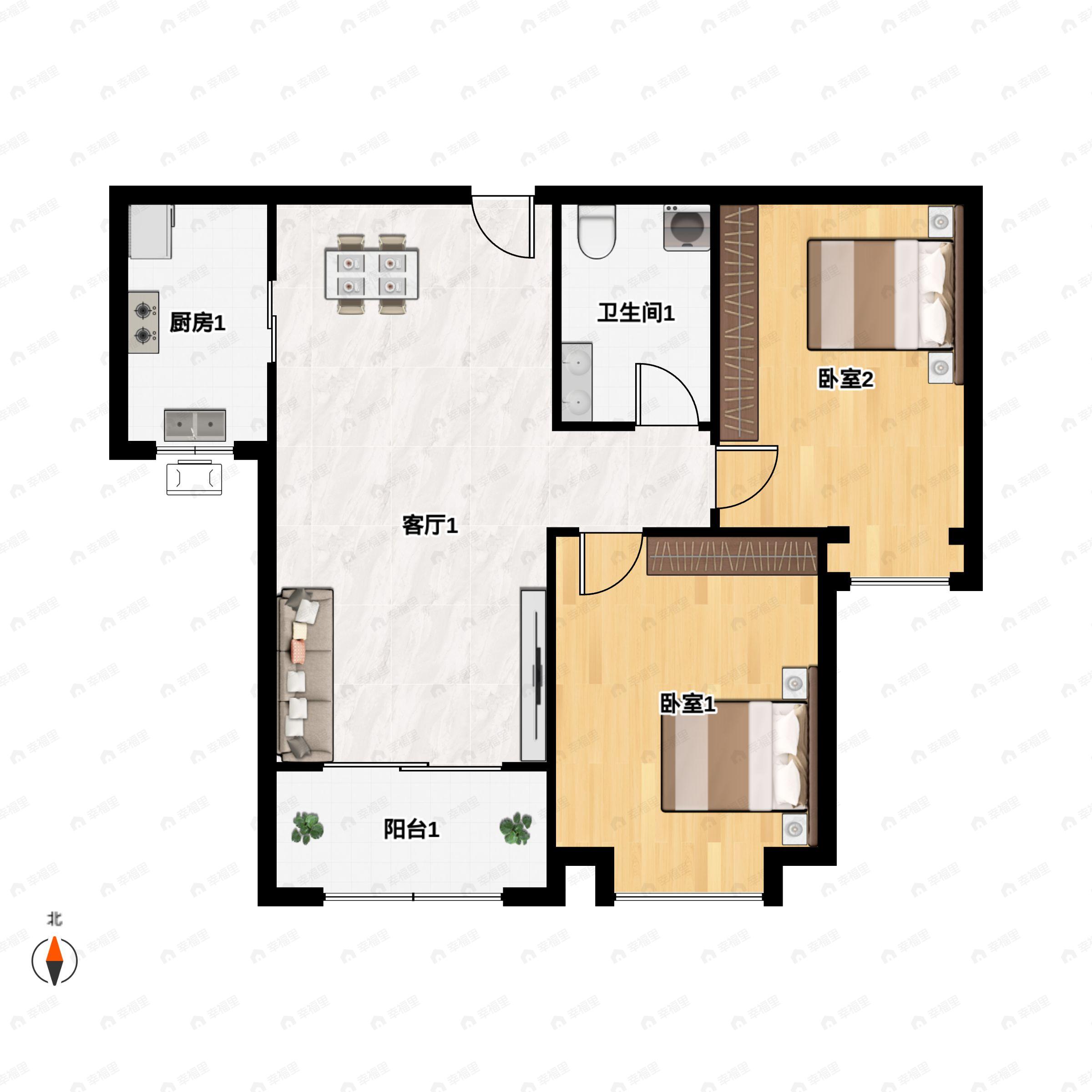 2室2厅1卫建面83m²南户型图