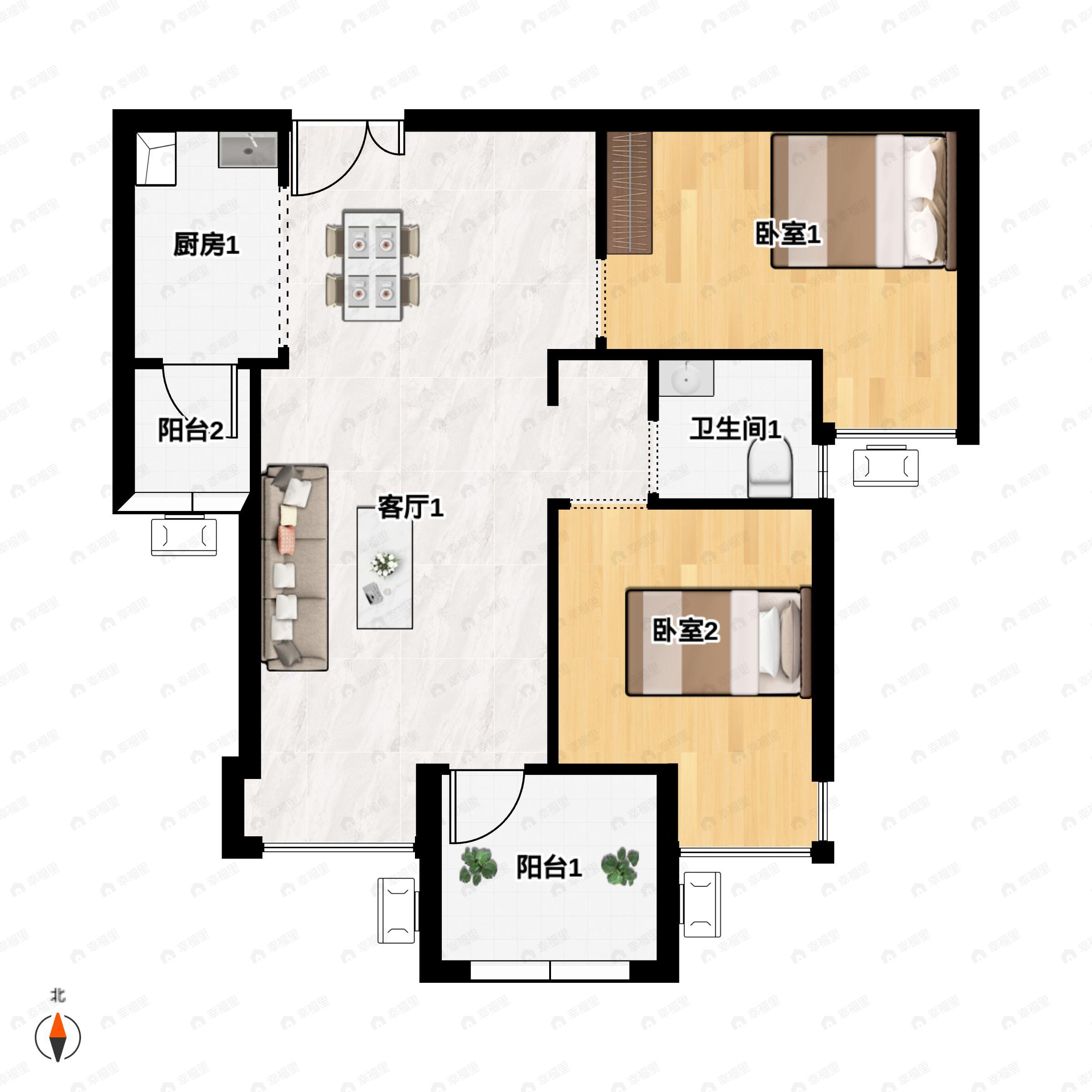 2室2厅1卫建面72平东南户型图