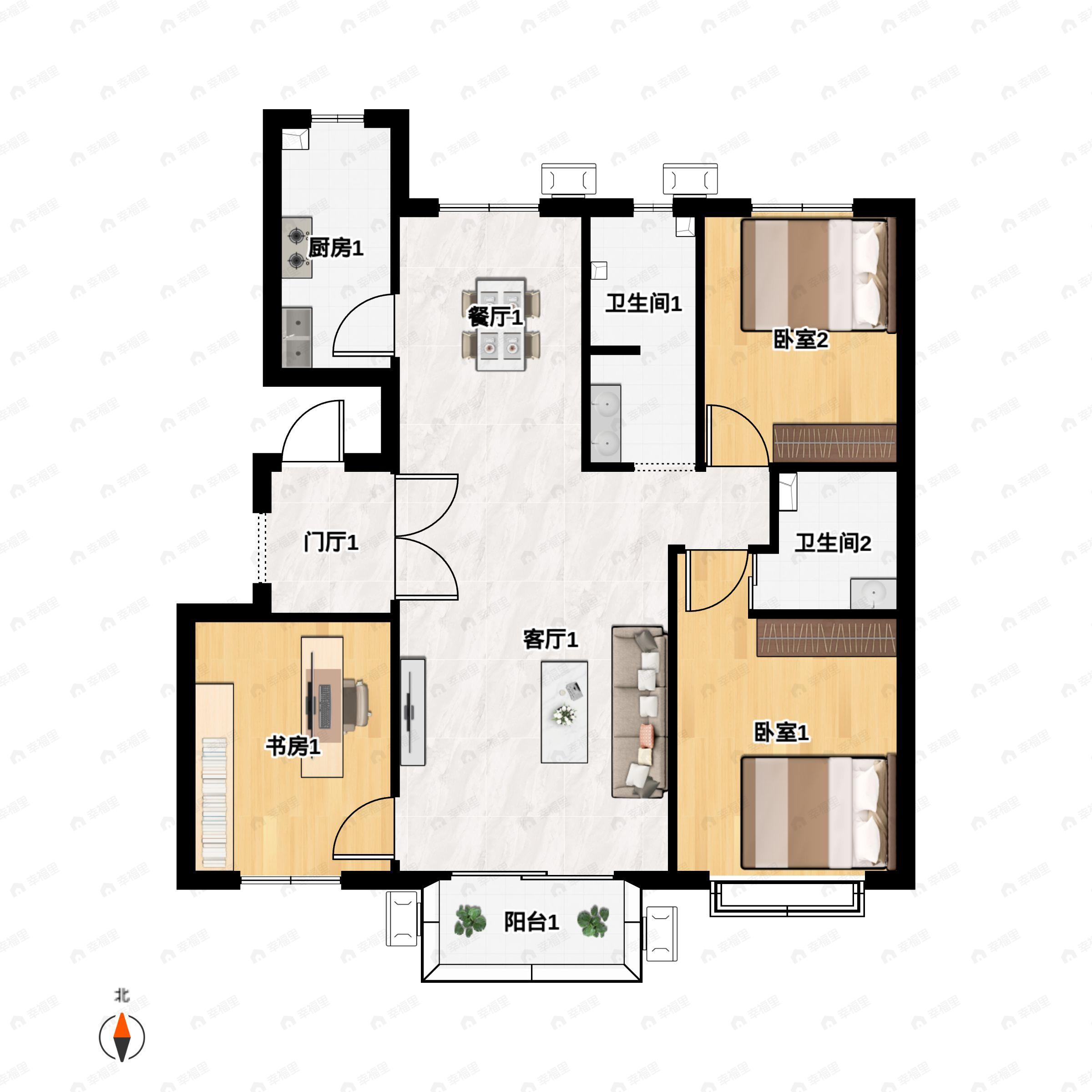 3室2厅2卫建面118平户型图