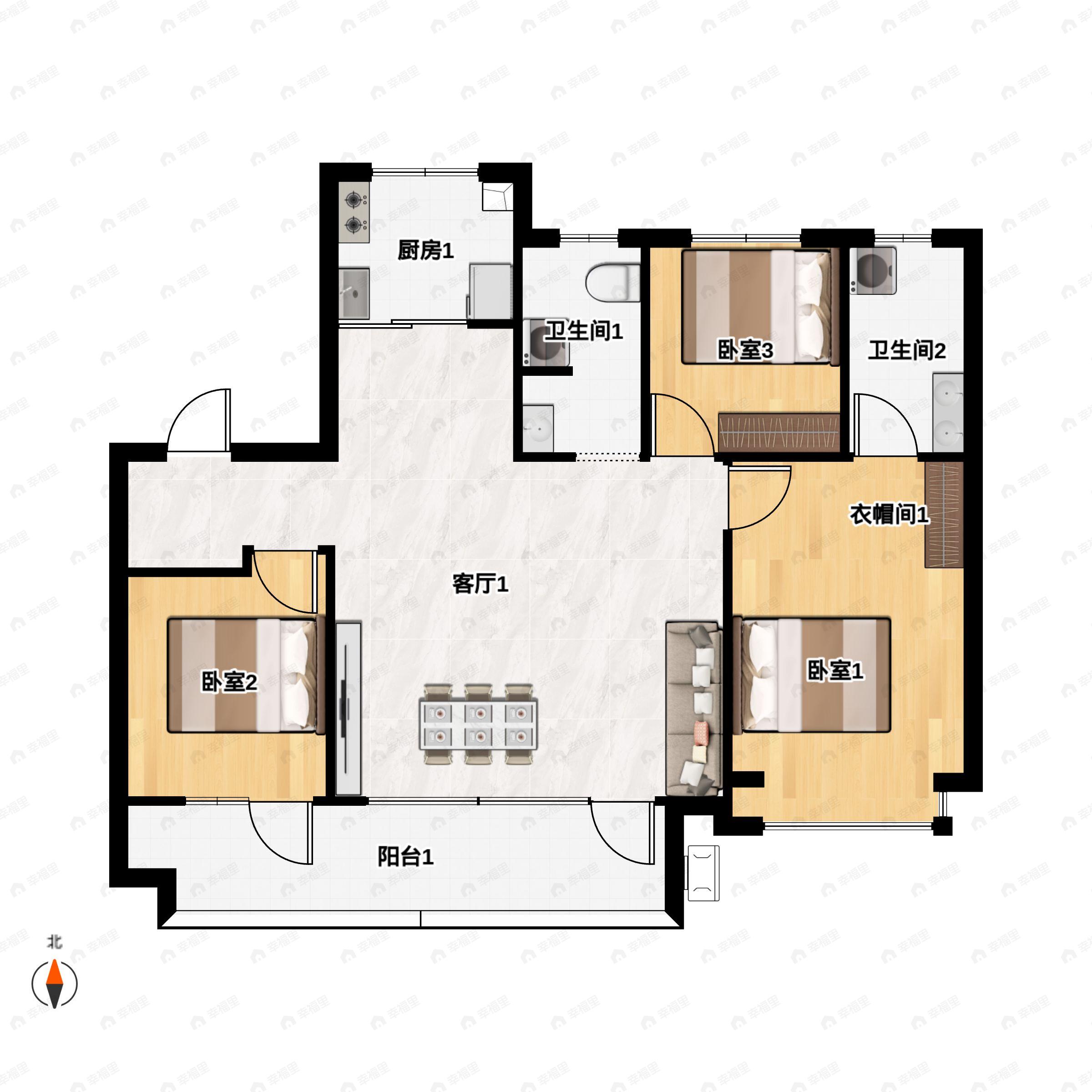 3室2厅2卫建面121m²南户型图