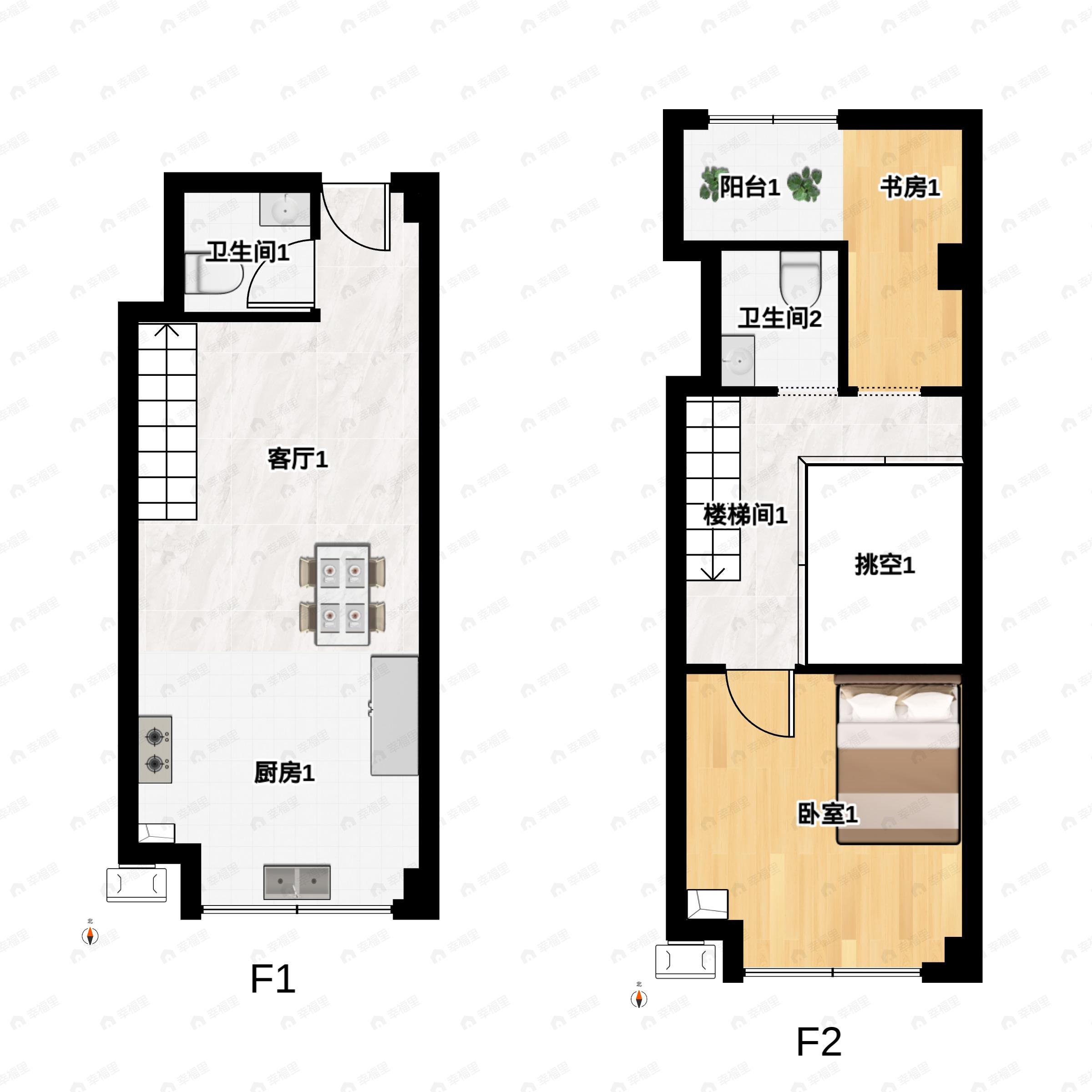 2室2厅2卫建面44平南户型图