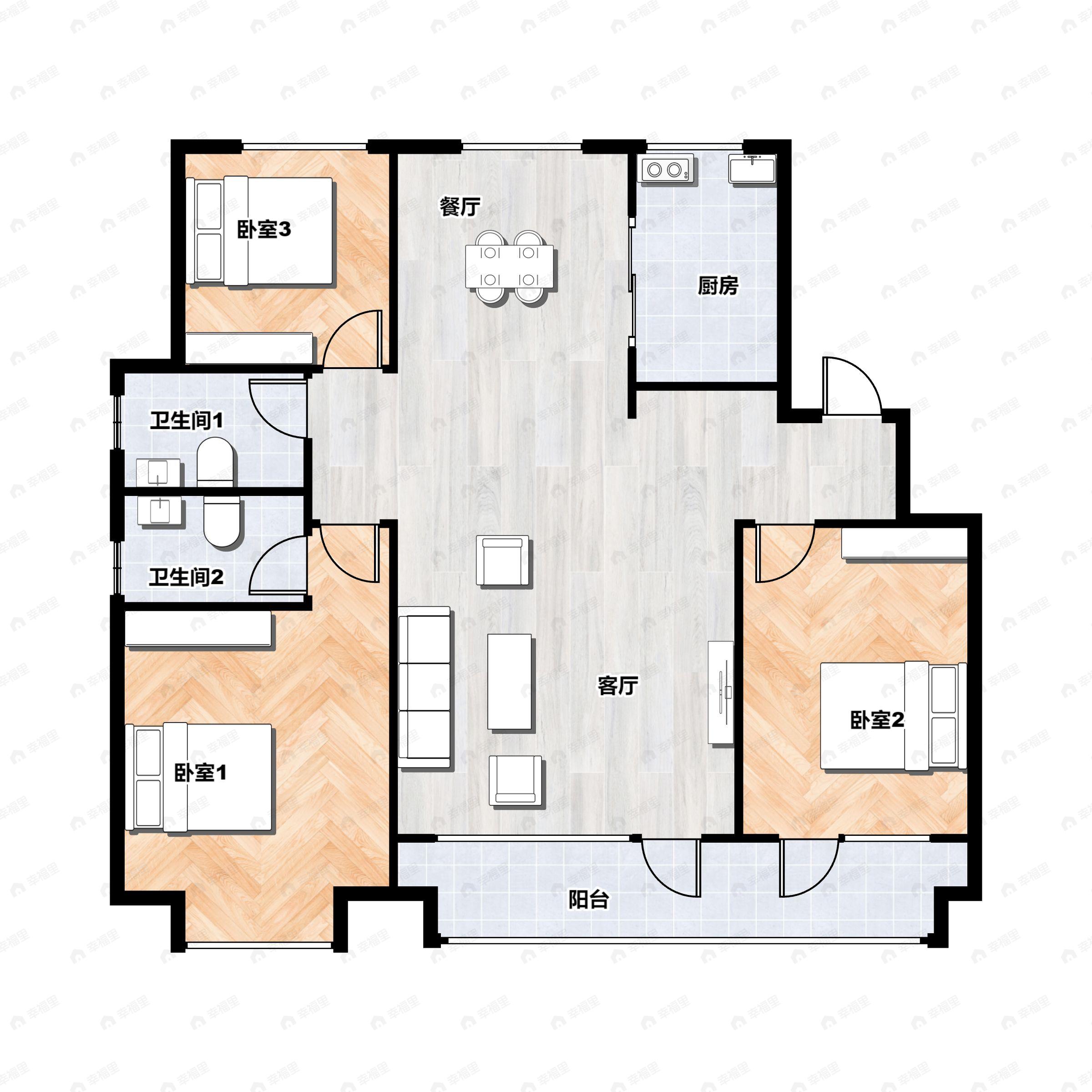 3室2厅2卫建面118平户型图