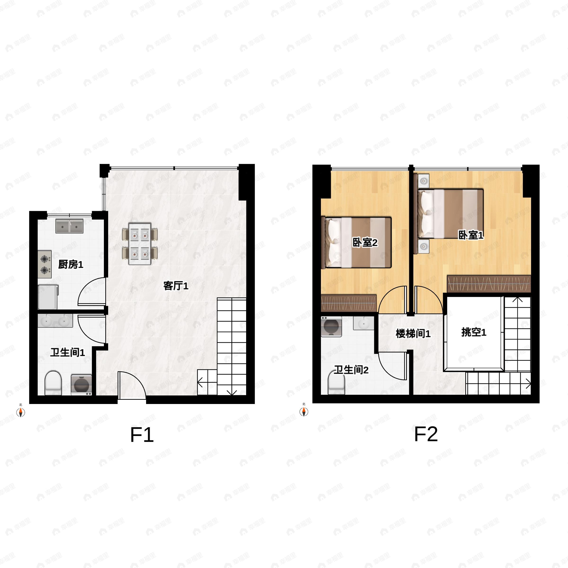 2室1厅2卫建面46平户型图
