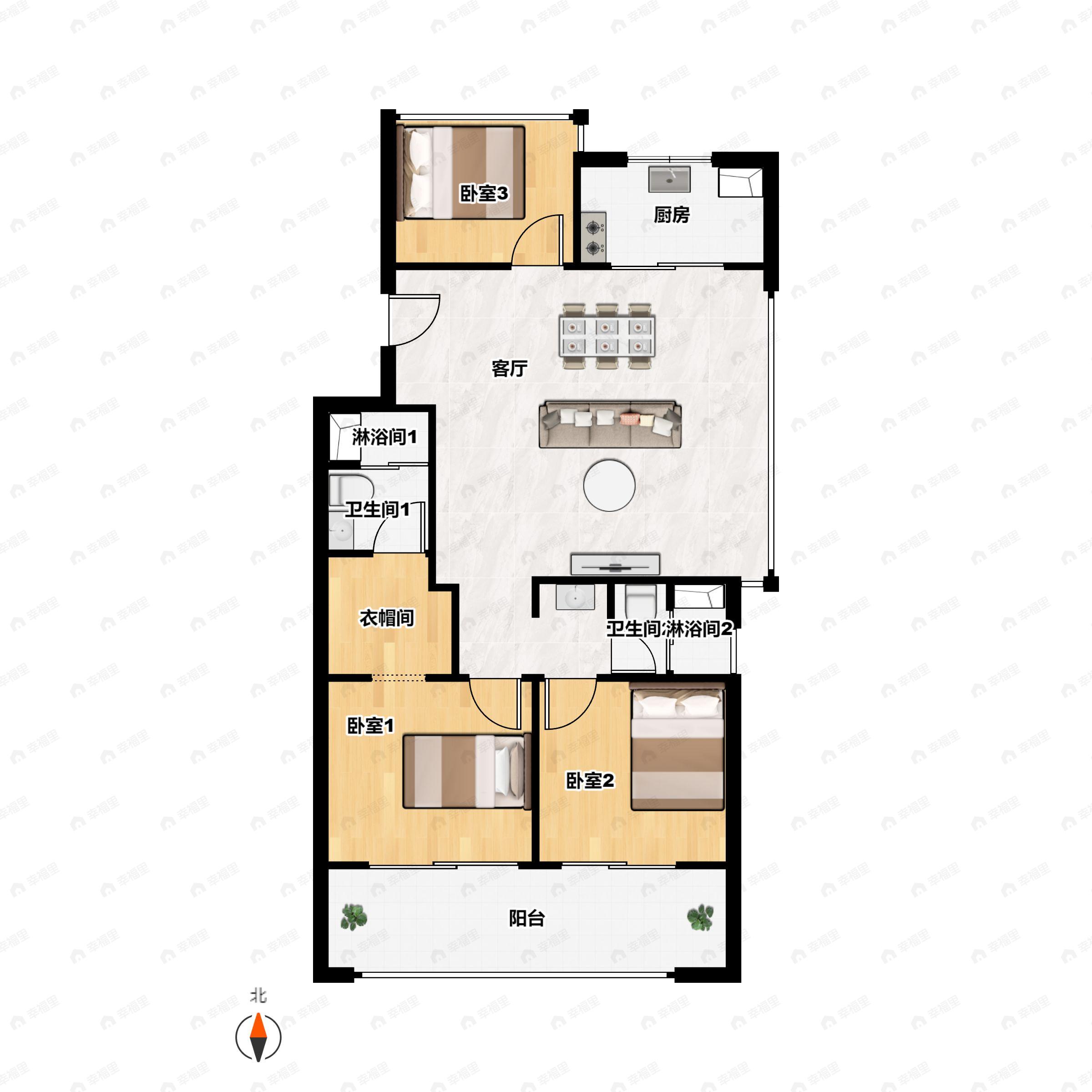 3室2厅2卫建面120平户型图