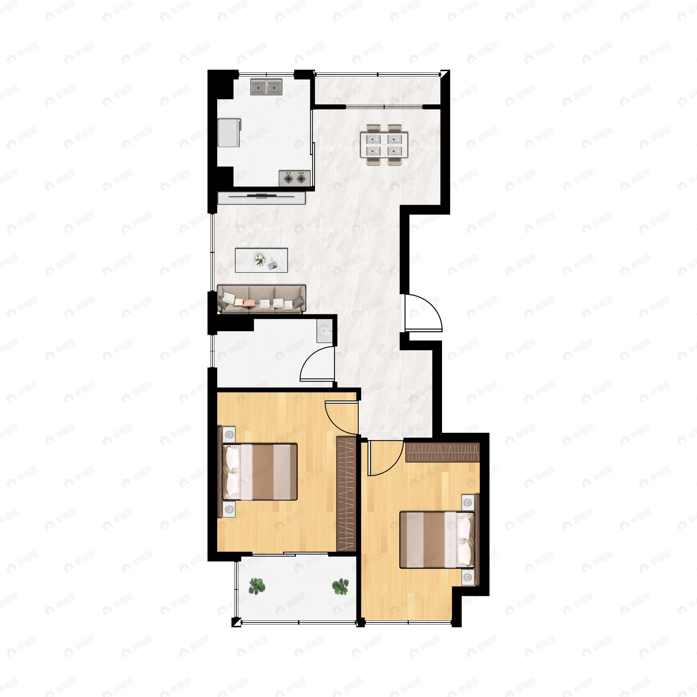 2室2厅1卫建面70m²南|北户型图