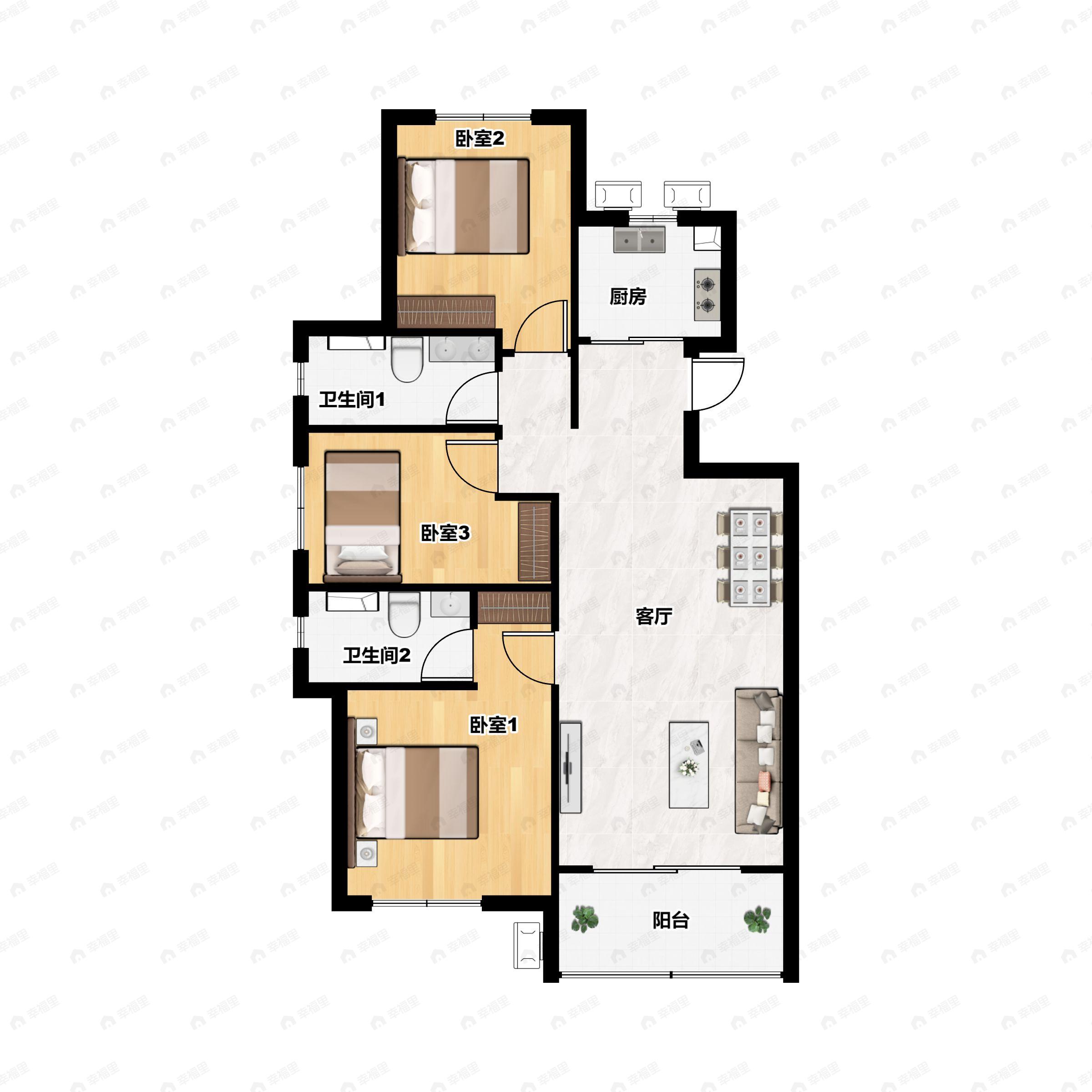 3室2厅2卫建面102平户型图