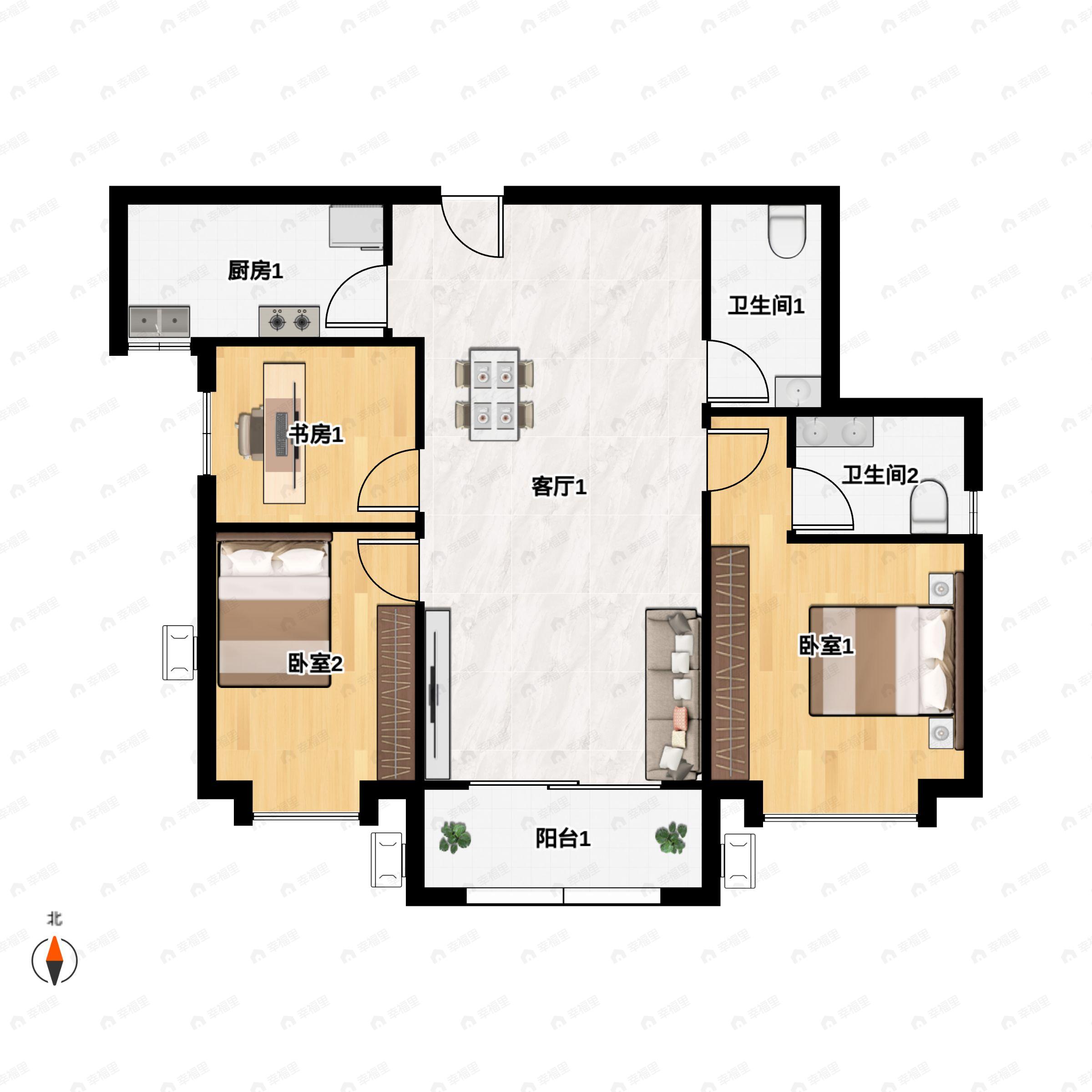 3室2厅2卫建面114m²南|北户型图