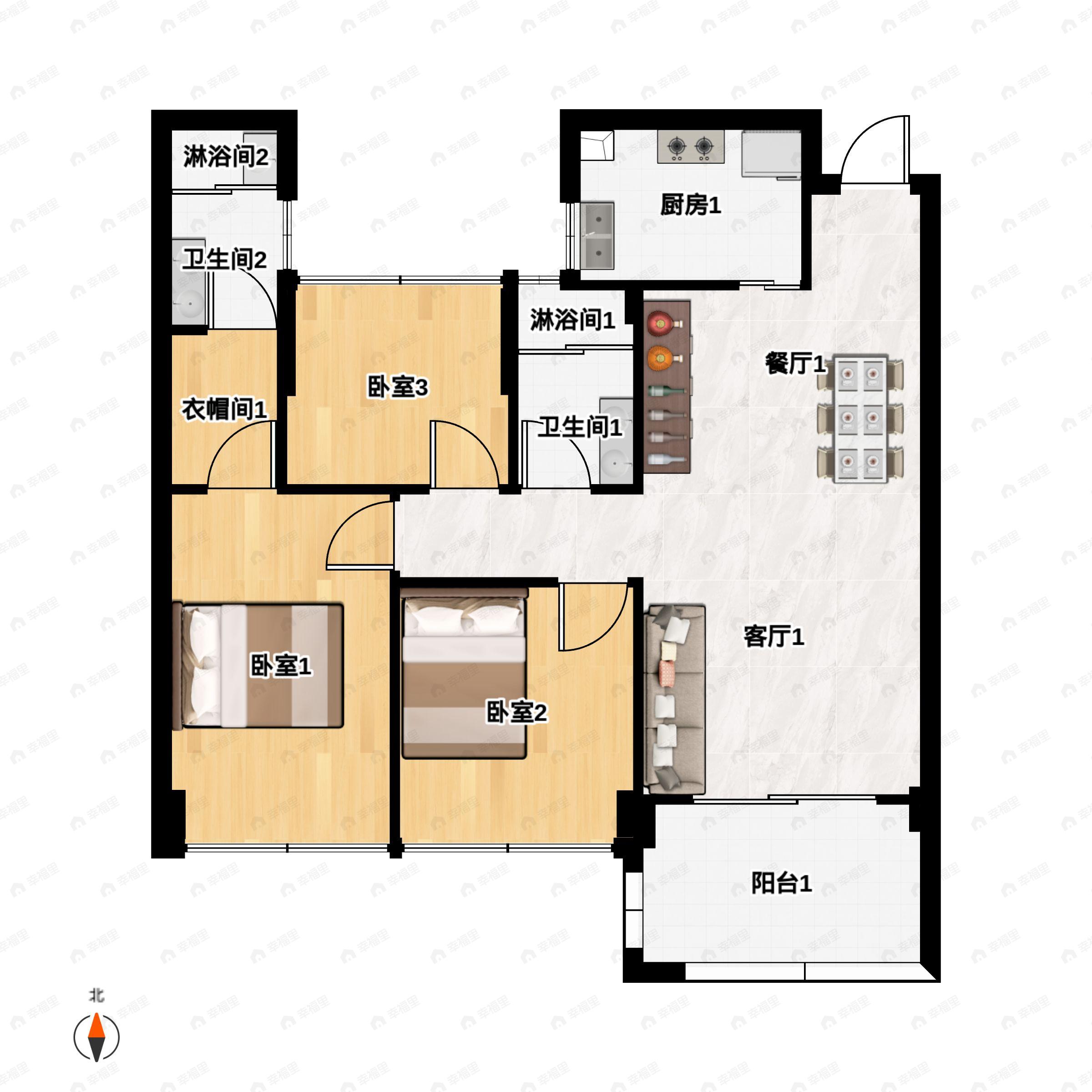 3室2厅2卫建面91m²南户型图