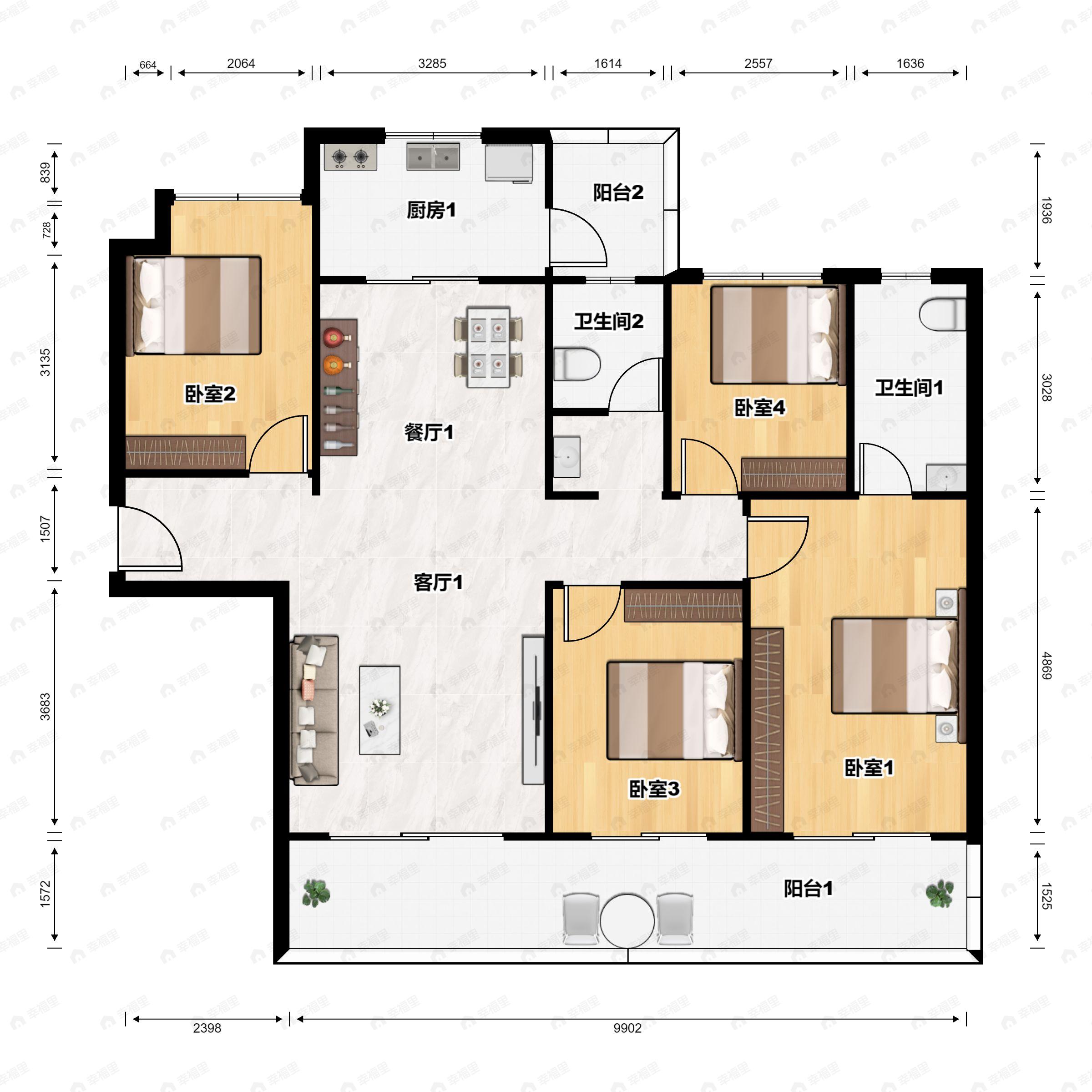 4室2厅2卫建面143平南户型图