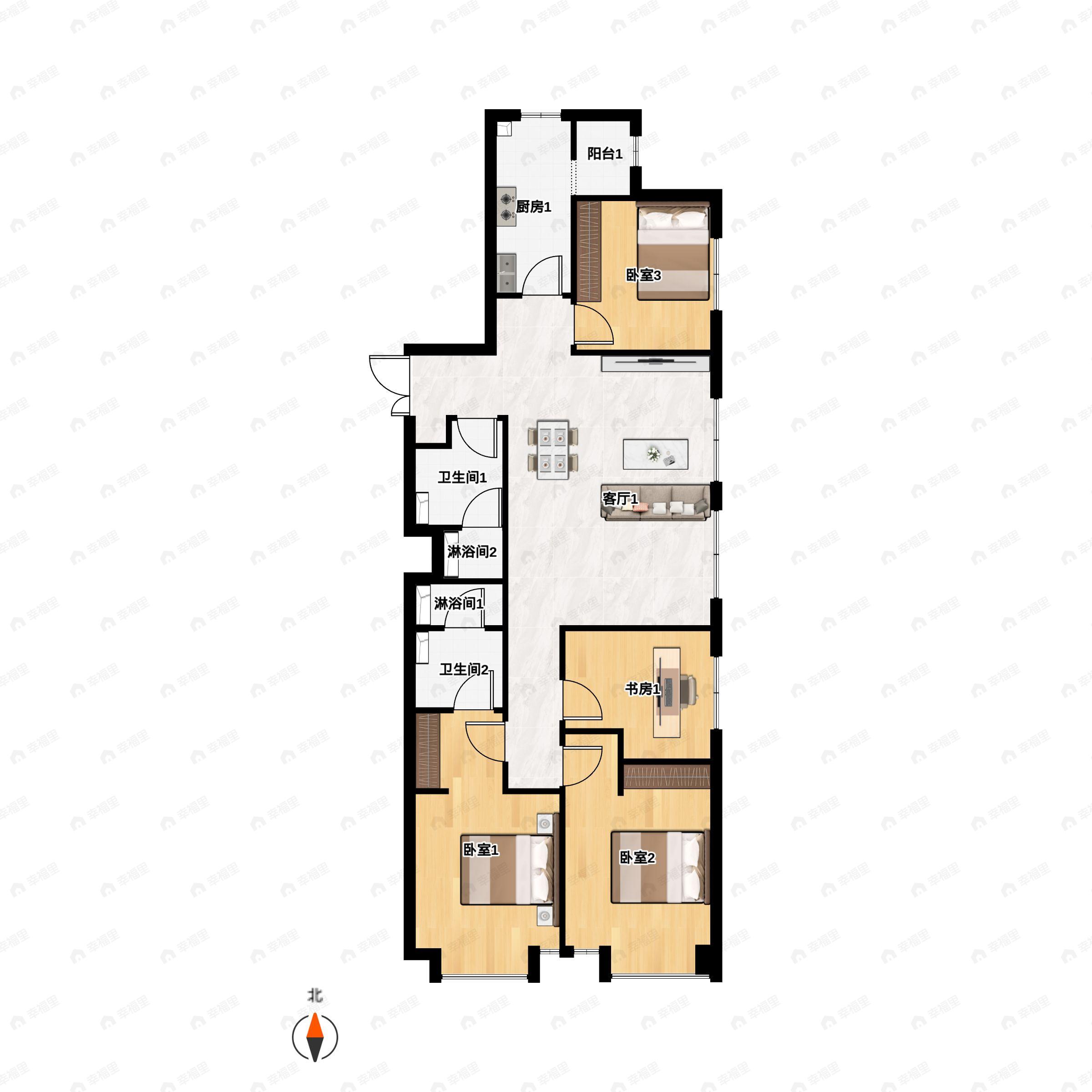 3室2厅2卫建面129平南|北户型图